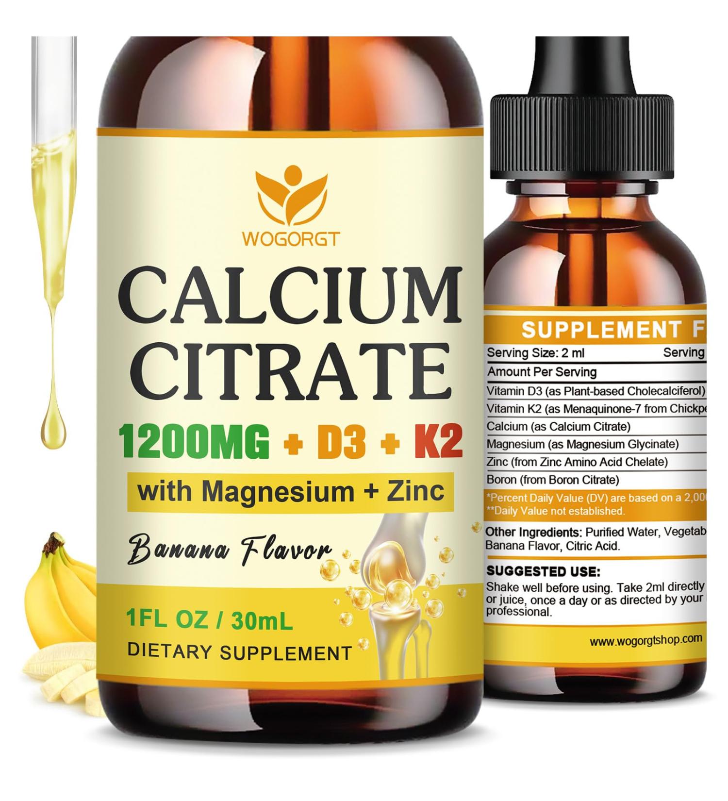 Calcium Citrate 1200mg Liquid Supplement with Vitamin D3 for Women & Men - Calcium Magnesium Zinc D3 K2 Supplement for Bone Teeth Immune Support - Sugar Free Vegan Banana Flavor - 1 Fl Oz (2 Pack) - Buy Online on GoSupps.com