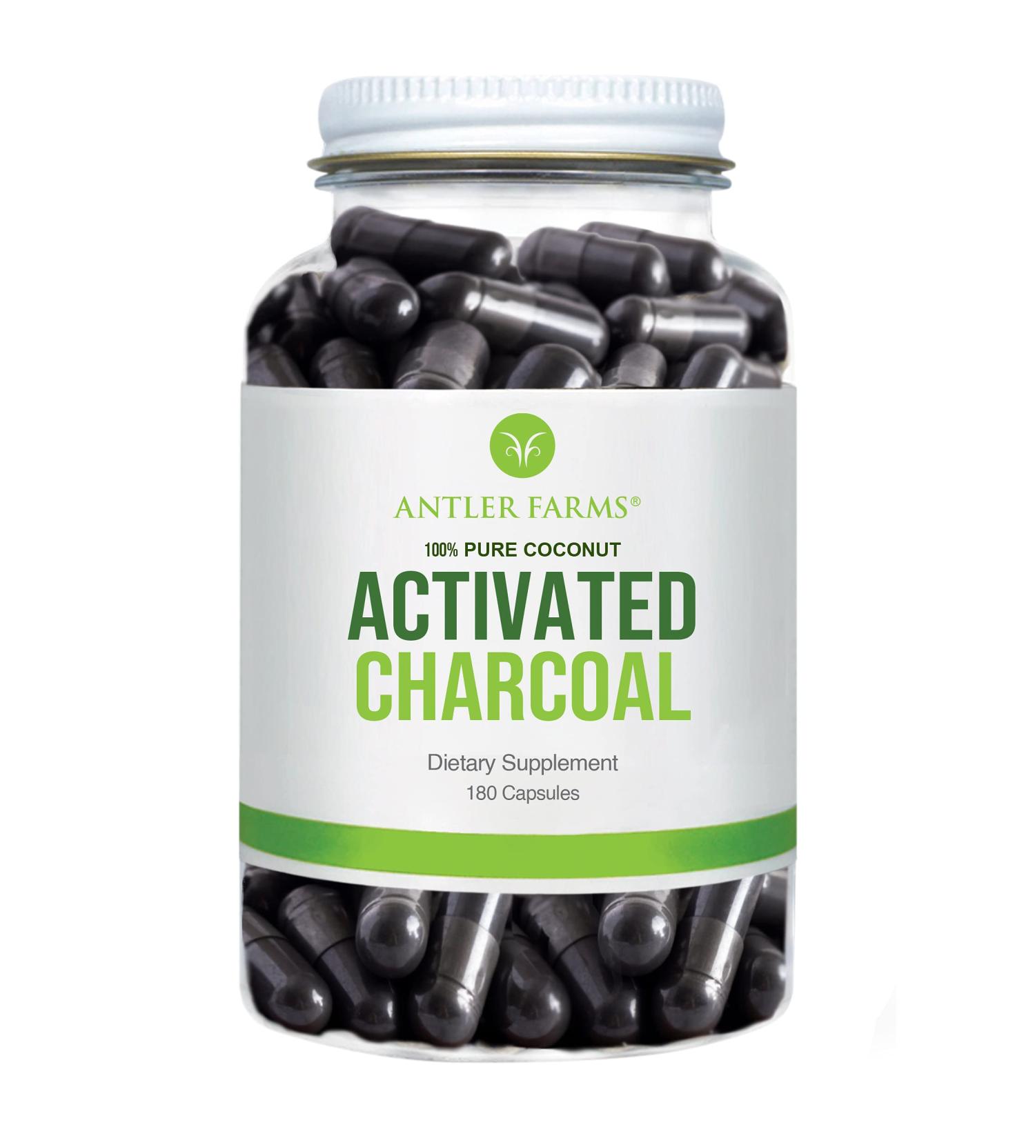 Antler Farms 100% Pure Organic Coconut Activated Charcoal 180 Capsules 260mg - USP Food Grade Ultra Fine - Buy Online on GoSupps.com