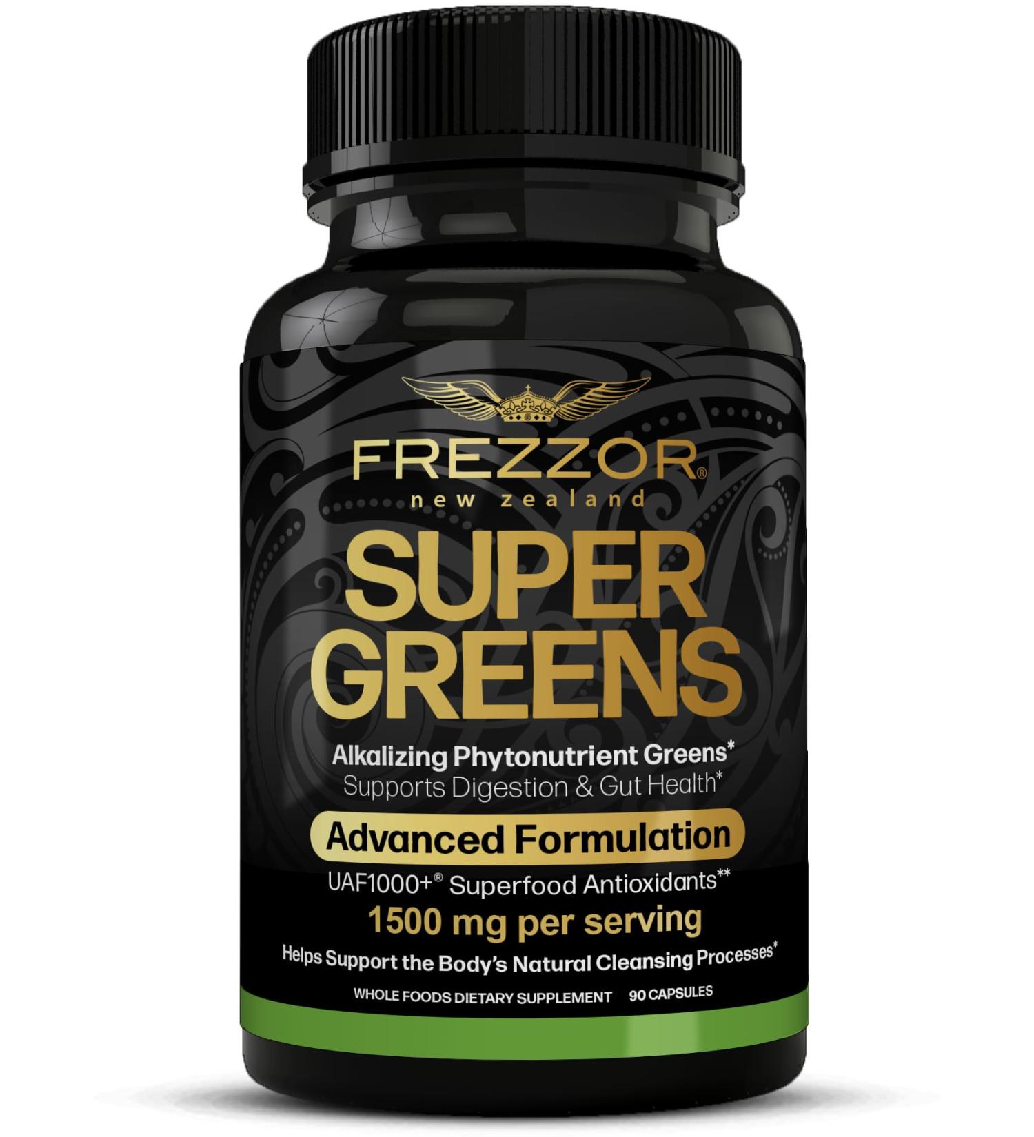 FREZZOR Super Greens Capsules with UAF1000+ Fruit and Veggie Supplement New Zealand Green Superfood Energy Essential Veggies Antioxidants Enzymes Detox & Cleanse 90 Capsules 1 Pack