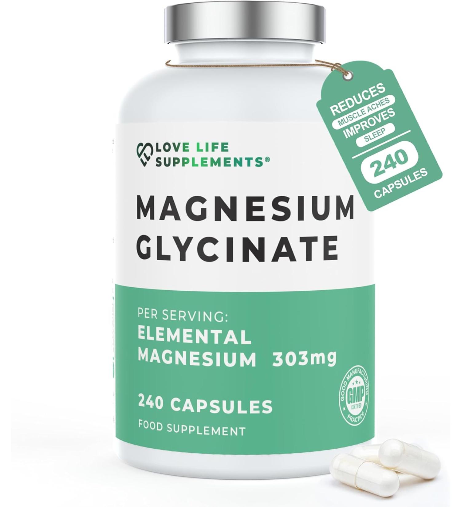 Chelated Magnesium Glycinate Supplements - 2750mg (303mg Mg) | 240 Capsules | Highly Bioavailable | Made in UK | Love Life Supplements - Buy Online on GoSupps.com