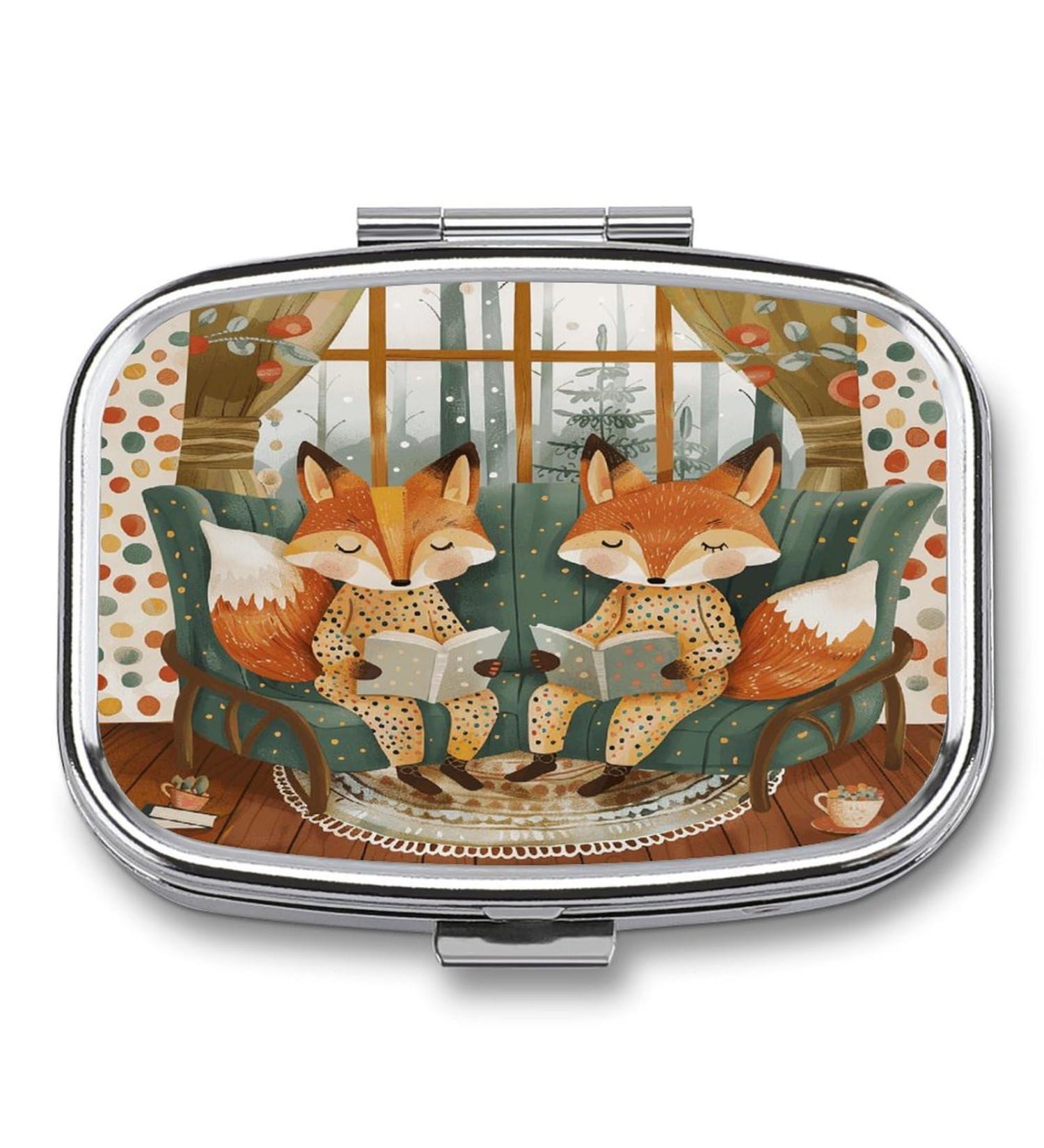 Pill Box - Two Foxes Reading Print | 2 Compartment Medicine Organizer | Decorative Metal Portable Pill Case for Pocket & Purse - International Shipping Available - Buy Online on GoSupps.com