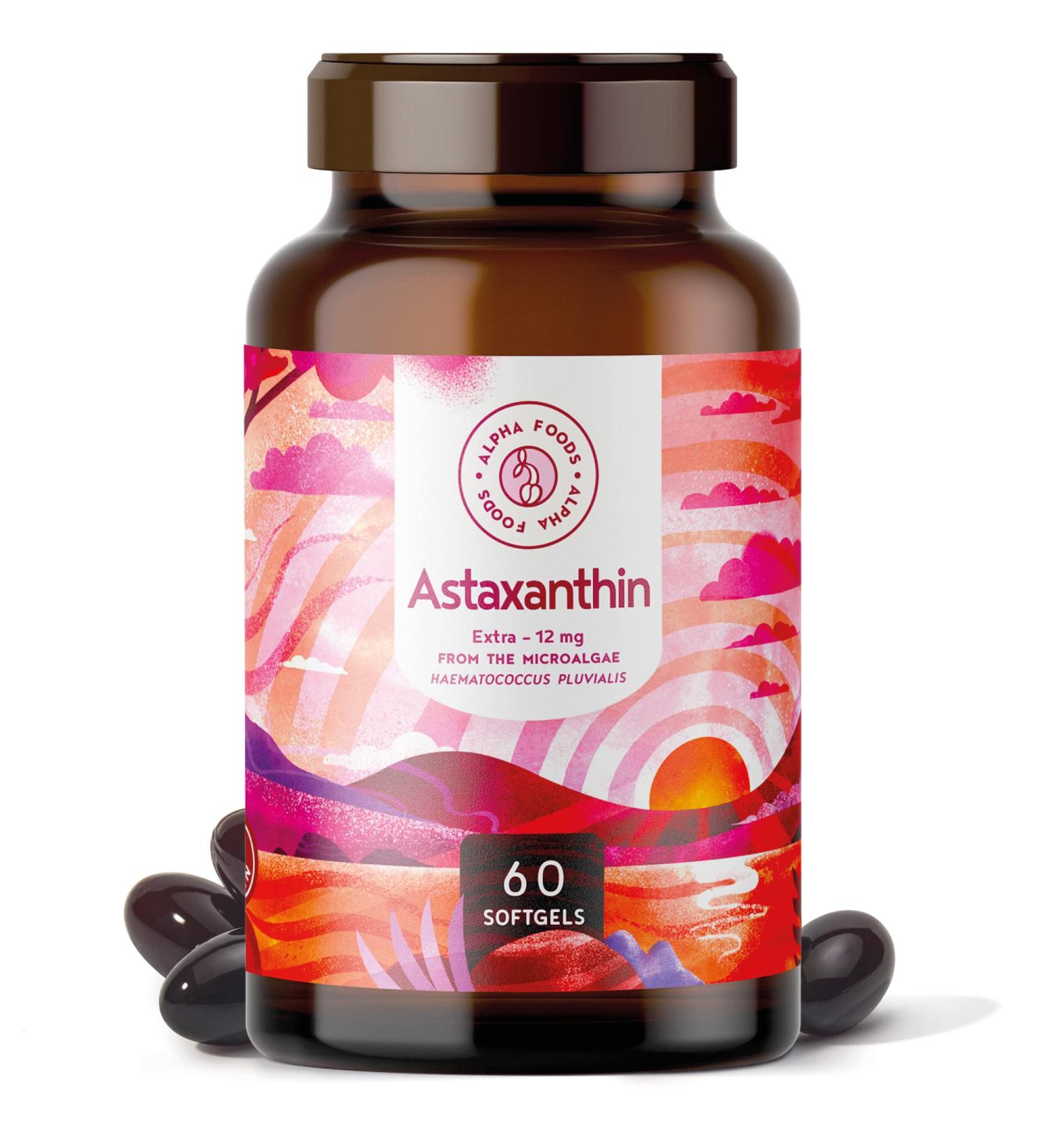 12mg Astaxanthin High Strength Antioxidant Supplement - Haematococcus Pluvialis - 60 Vegan Softgels - GMO Free - Alpha Foods - Buy Online on GoSupps.com