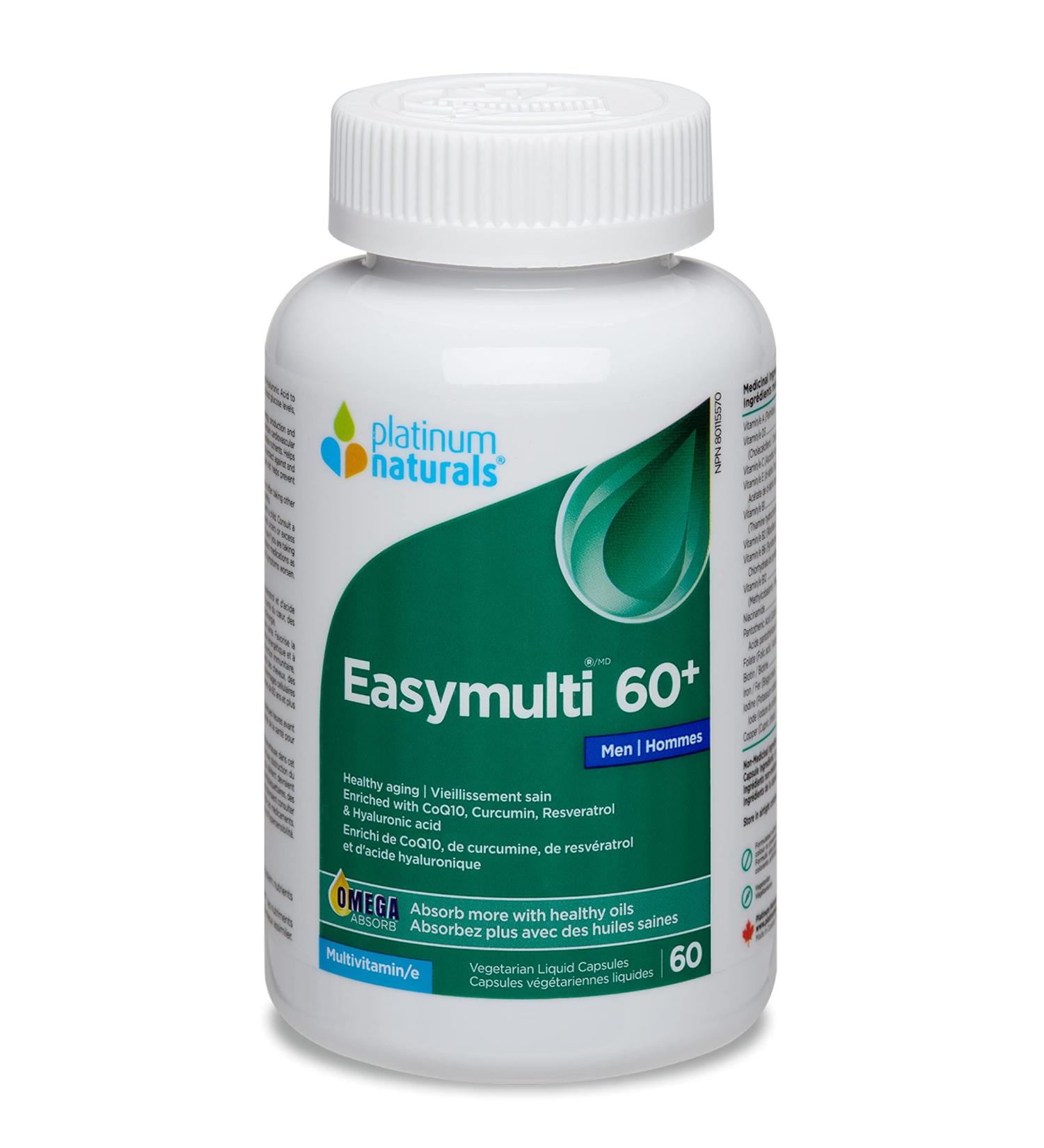 Platinum Naturals Easymulti 60+ for Men 60 Caps - Advanced Multivitamin with CoQ10 Curcumin & Resveratrol - Hyaluronic Acid for Skin Health - Essential B12 Folate & Multi Vitamins for Senior Men 60 count (Pack of 1) - Buy Online on GoSupps.com