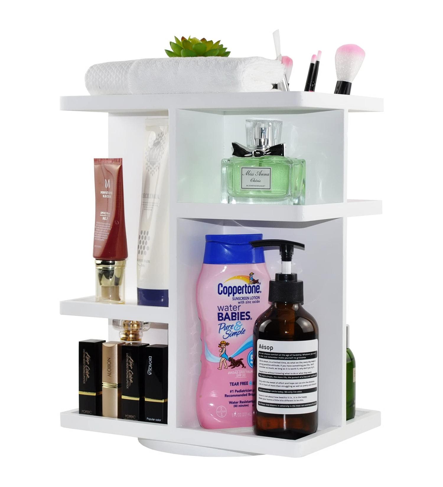 Spiretro Rotating Cosmetic Organizer - 360 Degree Carousel for Makeup & Toiletries - Wood Construction in White - Buy Online on GoSupps.com