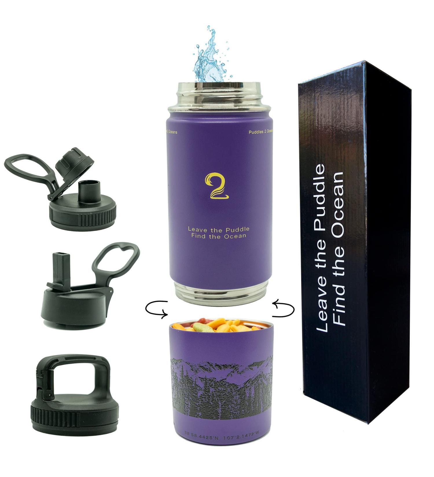 Puddles 2 Oceans Stainless Steel Water Bottle with Snack Compartment - Purple | Insulated Coldest Water Bottle for Kids - Buy Online on GoSupps.com
