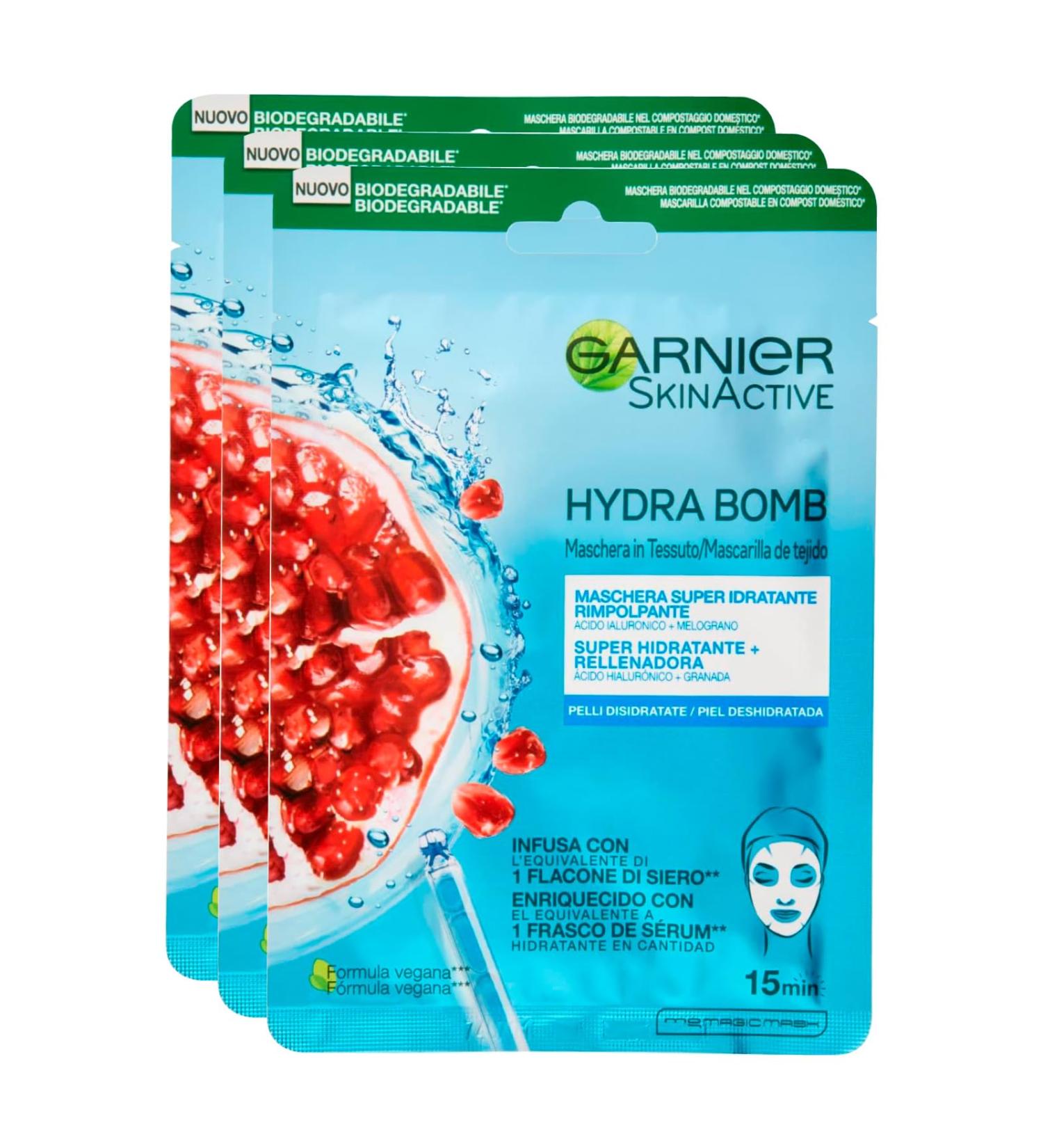 3 x Garnier SkinActive Hydra Bomb Super Hydrating and Plumping Sheet Face Mask with Pomegranate and Hyaluronic Acid