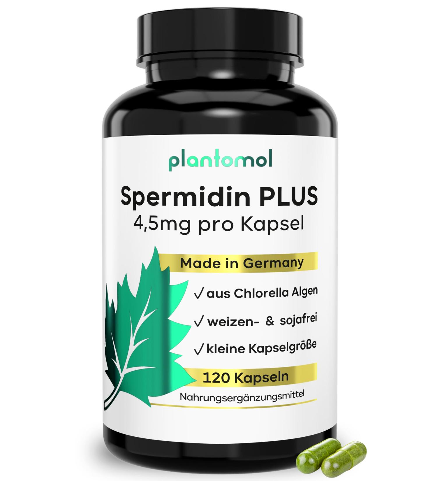 Buy Plantomol 4.5mg Spermidine Capsules - Vegan Chlorella Extract Gluten-Free High Dose 540mg - 120 Pieces - Buy Online on GoSupps.com