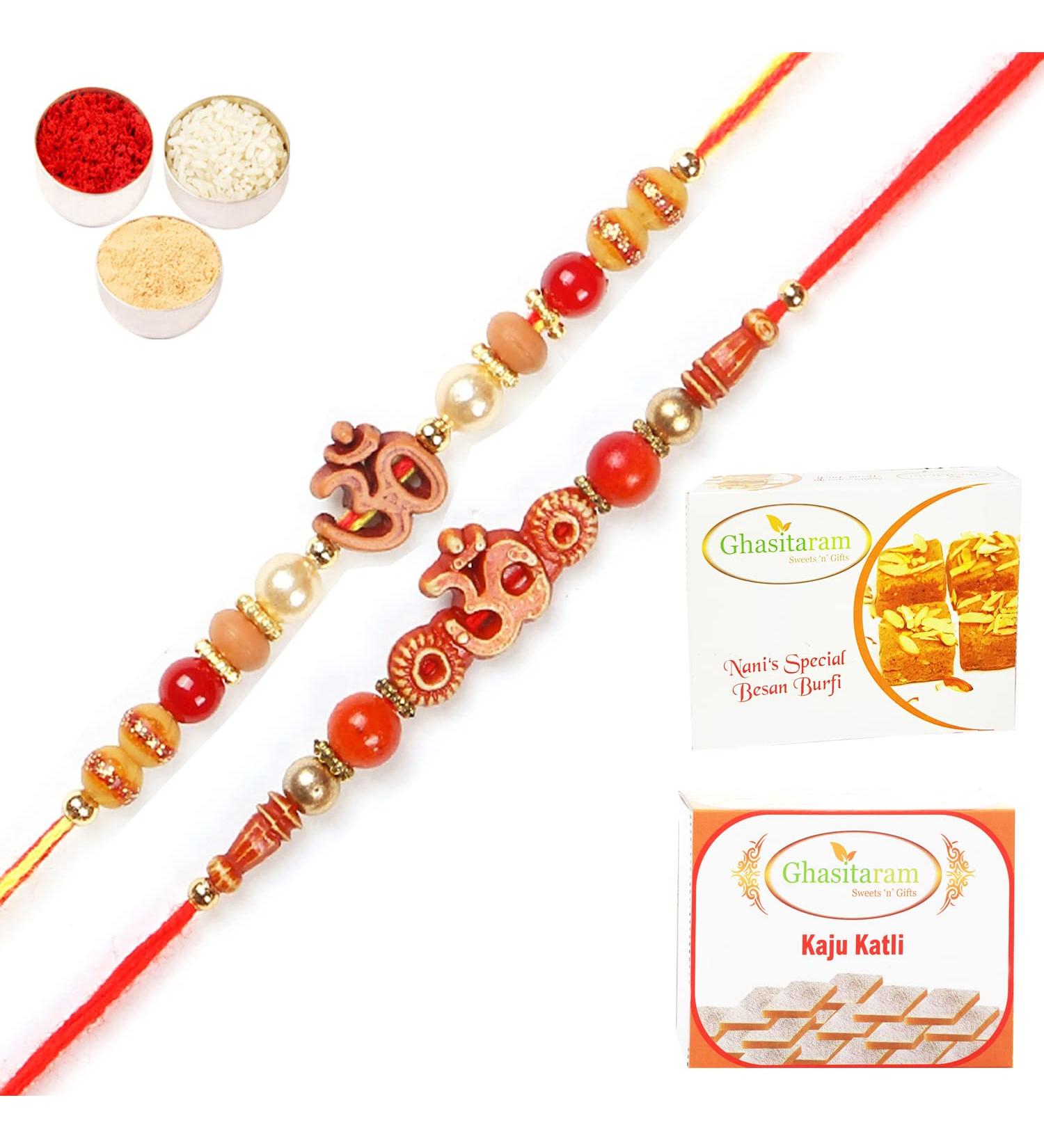 Ghasitaram Gifts Rakhi for Brother Rakhis Online - Set of 2 5504 6037 Om Rakhi Threads with 400 GMS of Besan Barfi - Buy Online on GoSupps.com