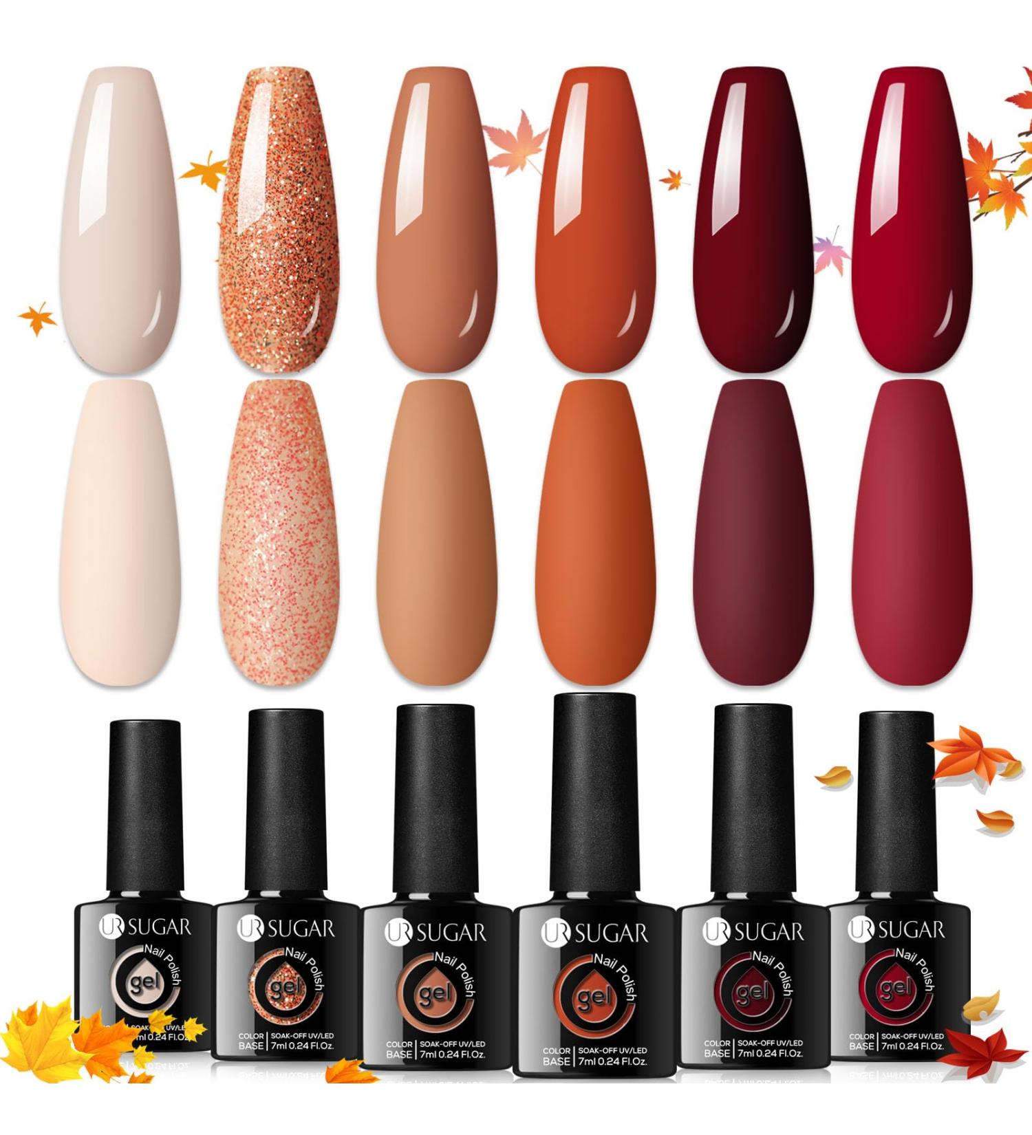 UR SUGAR 6-Piece Autumn Winter Gel Nail Polish Set - Nude, Caramel, Pumpkin, Burgundy, Red, Orange Glitter - Halloween Christmas Gifts - Soak Off Gel Nail Art Manicure Kit - Buy Online on GoSupps.com