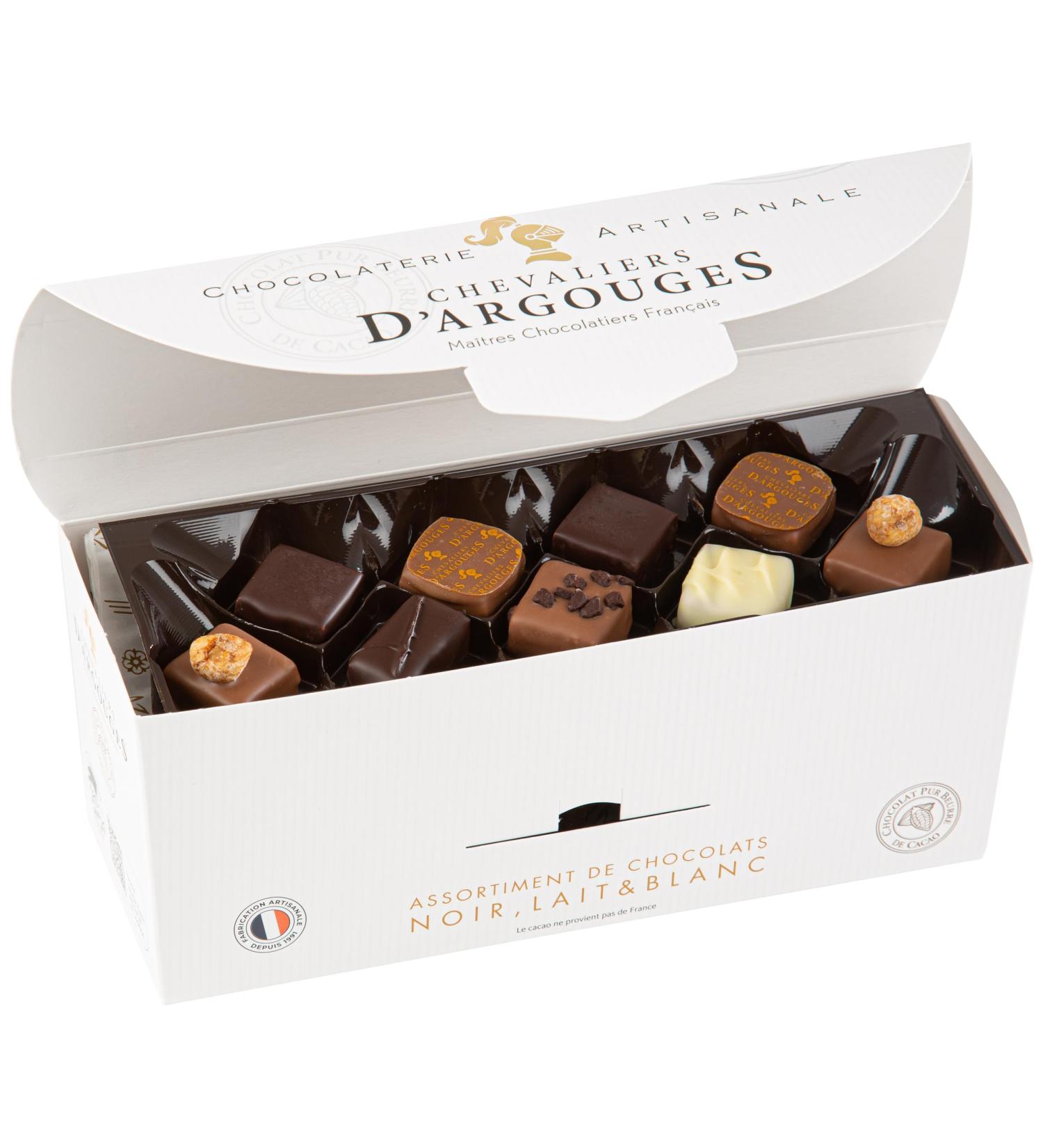 CHEVALIERS D'ARGOUGES French Master Chocolatiers - Assortment of dark chocolates 70% milk 33% and white - Ballotin tastin - Buy Online on GoSupps.com