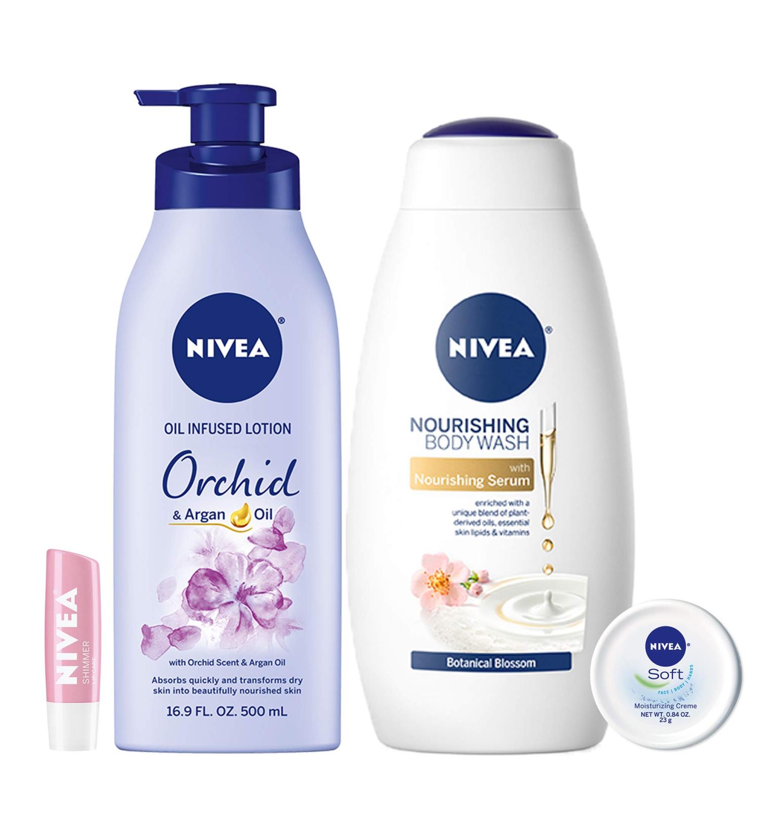NIVEA In Bloom Variety Pack: Body Lotion, Body Wash, Lip Balm, Multipurpose Cream - 4 Piece Set - Buy Online on GoSupps.com