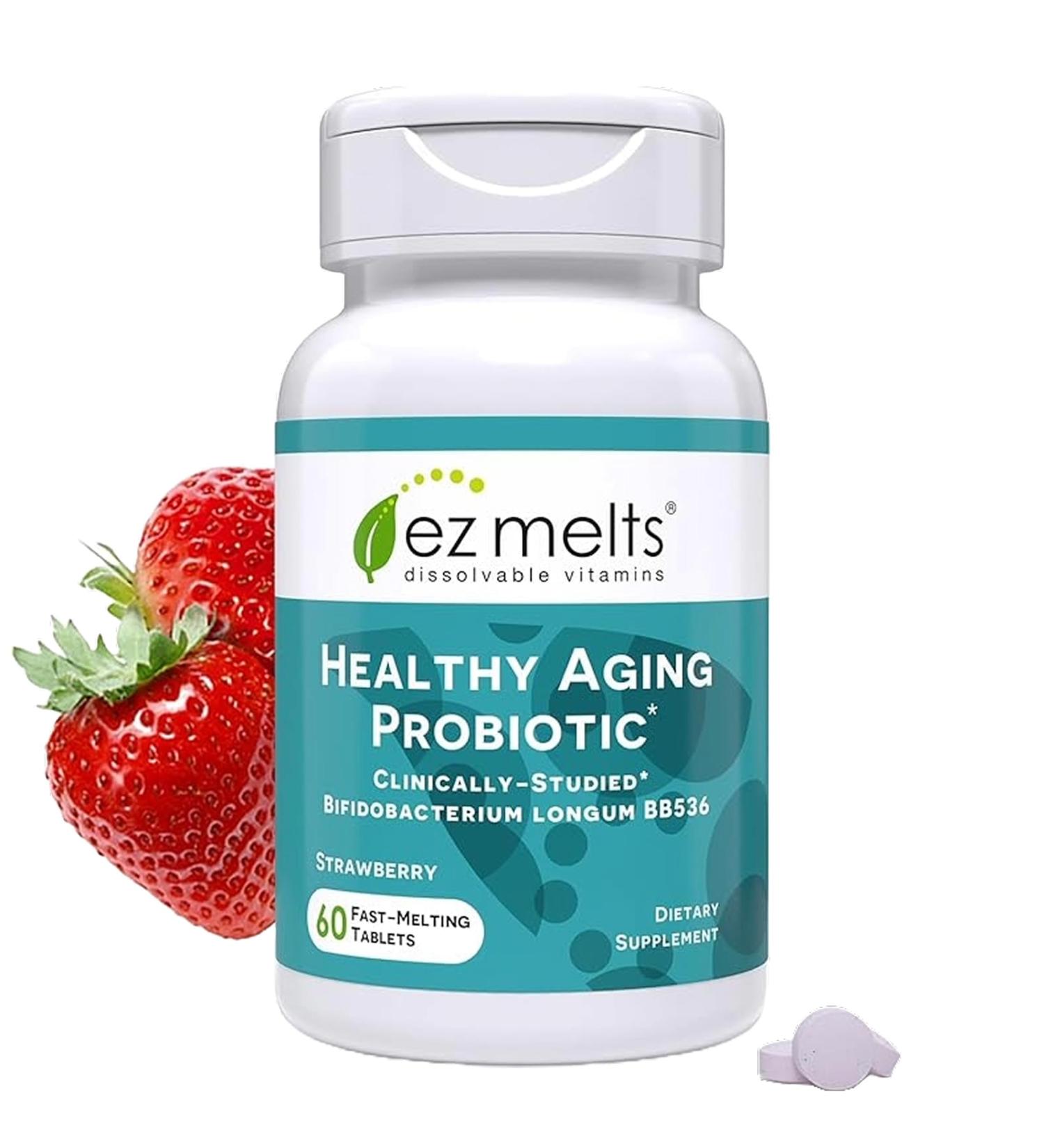 EZ Melts Healthy Aging Probiotic - Daily Probiotic for Digestive & Gut Health Support - with Bifidobacterium Longum - Non-GMO & Vegan - Strawberry - 60 Dissolvable Tablets (60 Servings) 60 Count (Pack of 1) - Buy Online on GoSupps.com