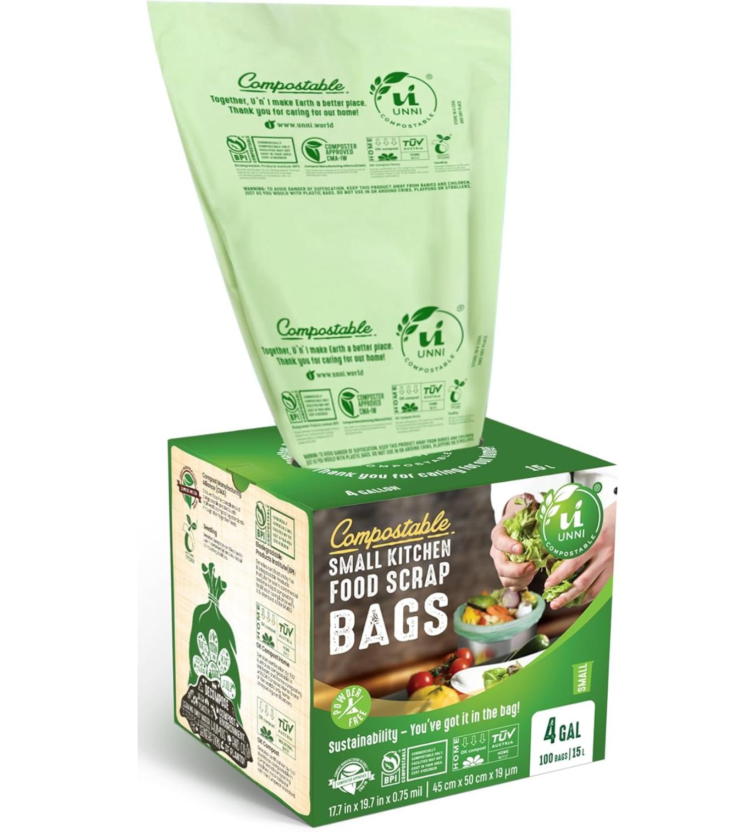 UNNI 4 Gallon Compostable Bags - 100 Count | Extra Thick 0.75 Mil | ASTM D6400 & BPI Certified | Small Compost Bin Compatible | San Francisco 4 Gallon - Buy Online on GoSupps.com