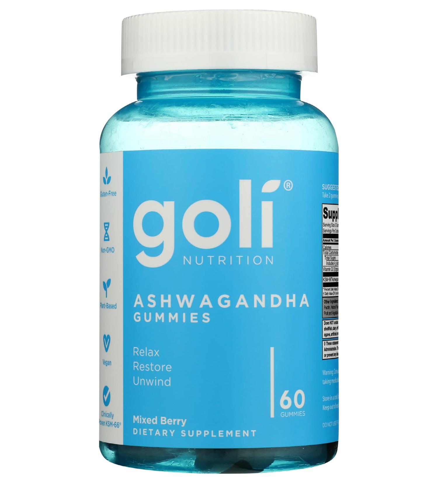 Goli Nutrition Ashwagandha Gummies Relax Restore and Unwind Mixed Berry Flavor Vegan Plant Based Non GMO Gluten Free and Gelatin Free 60 Pieces (Pack of 1)