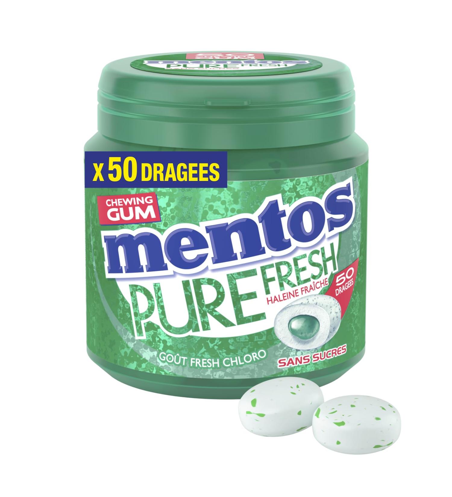 MENTOS GUM Chewing Gum Mentos Pure Fresh Chloro - Sugar-free Chewing Gum - Long Lasting - Fresh Breath - Box of 50 Sugar-Free Sugar-Free Sugars - 100g
