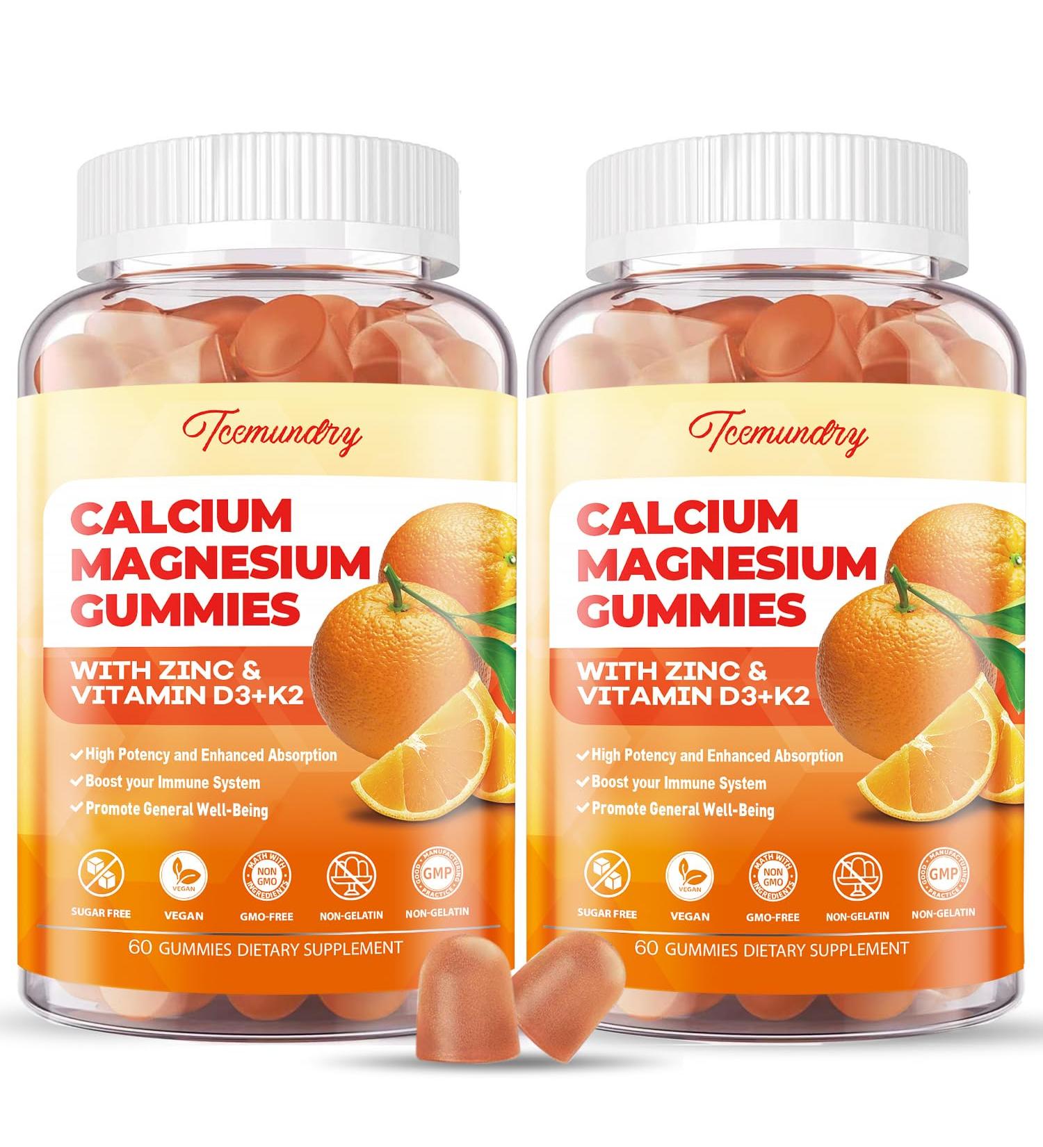 Calcium Magnesium Zinc Gummies with Vitamin D3 & K2 - High Absorption Magnesium Glycinate 400mg - Sugar Free Calcium Supplement - Support Nerve Muscle Mood & Immunity - for Adults Men Women Kids Orange 60 Count (Pack of 2) - Buy Online on GoSupps.com