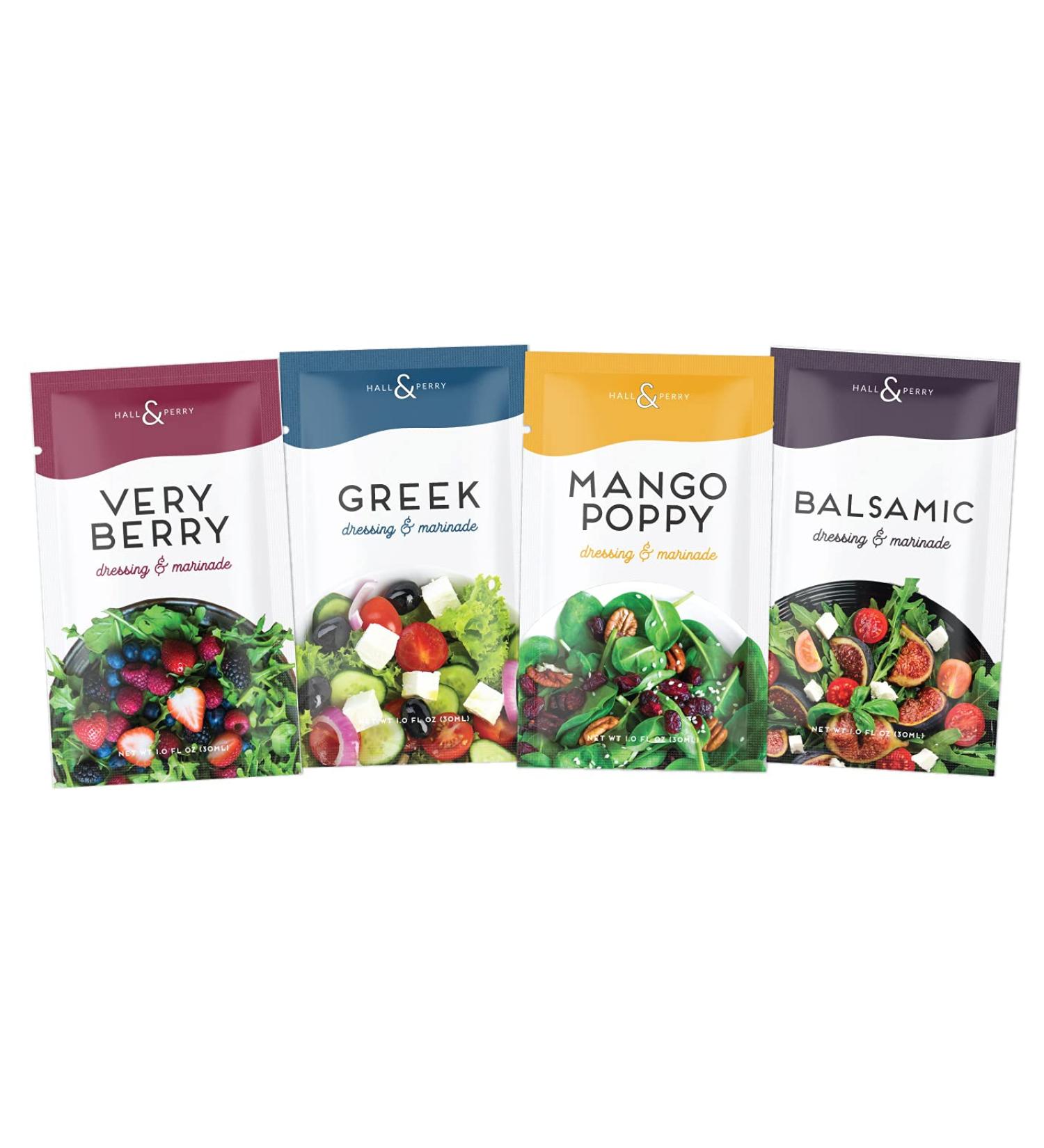 Hall & Perry Lite Salad Dressing - Low Calorie, Low Fat, Keto Friendly - 12 Individual 1oz Pouches - Very Berry Greek Mango Poppy Balsamic Flavor - Pack of 12 - Buy Online on GoSupps.com