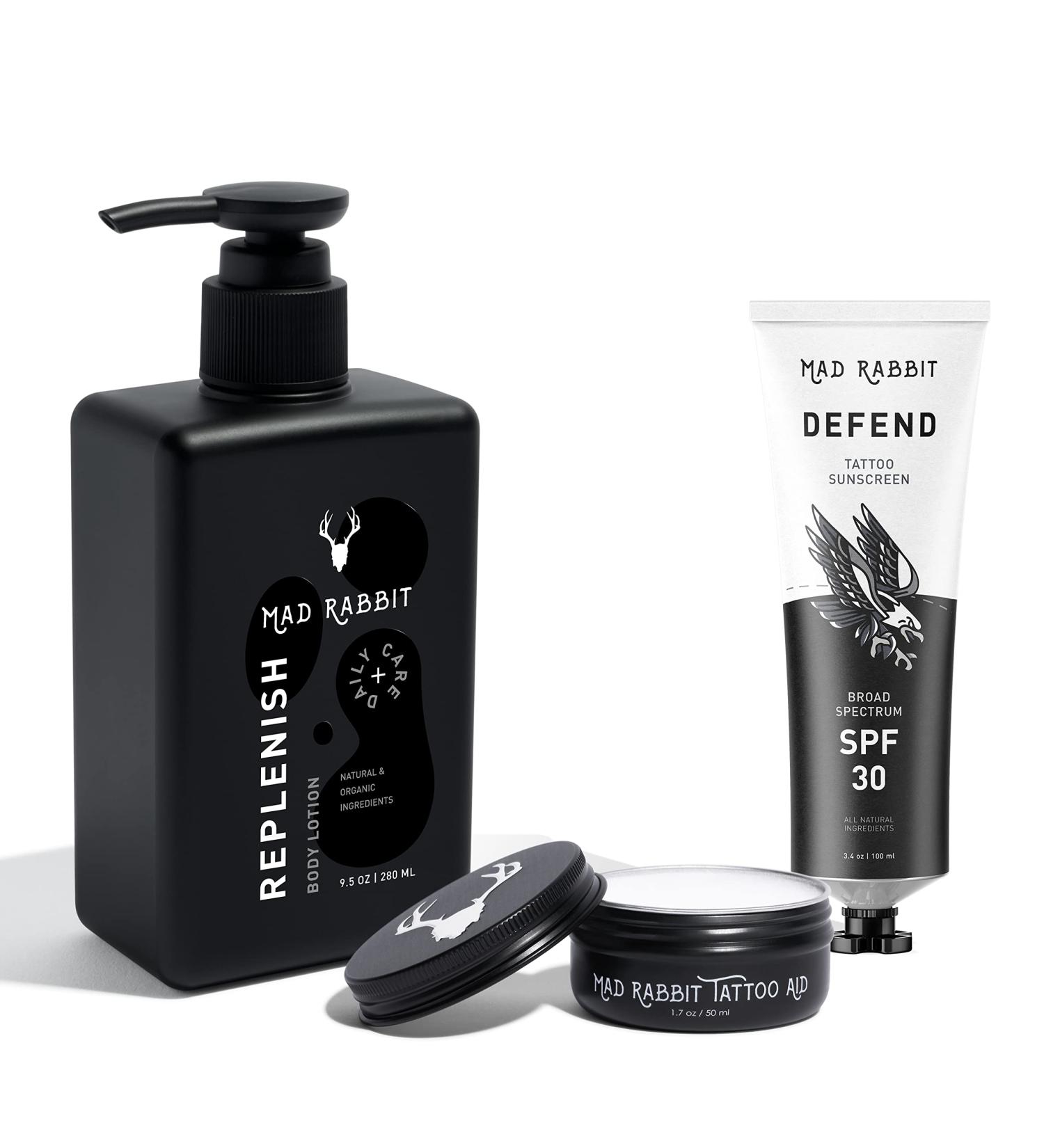 Mad Rabbit Tattoo Care Favorites Kit (3 Piece) - Enhance Balm, Replenish Body Lotion, Defend Sunscreen - Full Coverage Tattoo Care Kit for All Skin Types - Buy Online on GoSupps.com