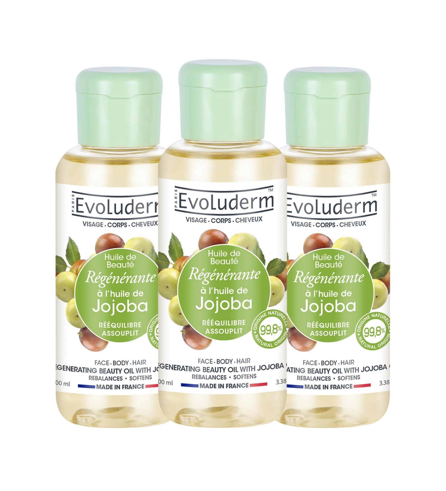 EVOLUDERM - Beauty Oil with Jojoba Oil - Vegetable Oil - Face Body Hair - 100 ml - 99.8% Natural Origin - Vegan - Made in France - Pack of 3 x 100 ml - Buy Online on GoSupps.com