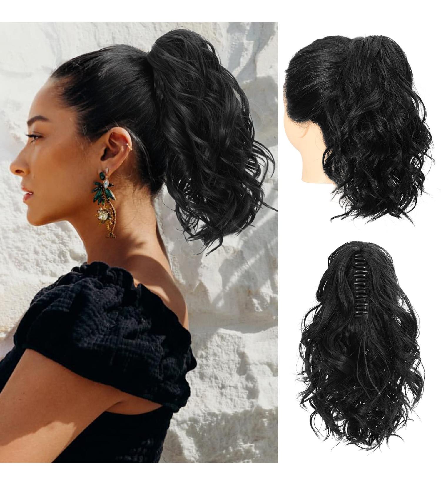 REECHO 12 Inch Short Curly Claw Clip Ponytail Extension | Natural Wavy Synthetic Hairpiece for Women - Black - Buy Online on GoSupps.com