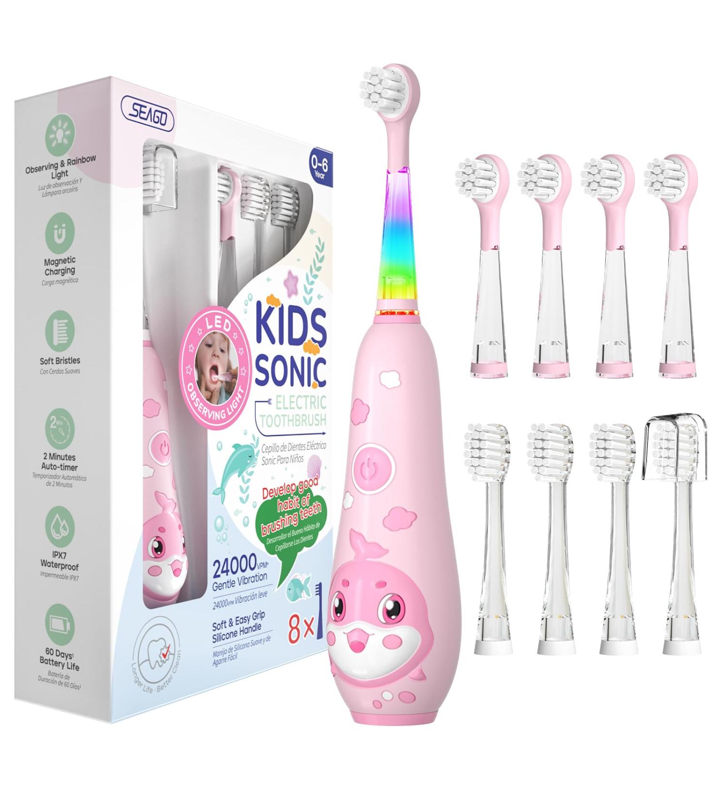 Seago SG2139 Pink Electric Toothbrush for Kids (0-6 Years) LED Light 8 Soft Brushes Rechargeable Smart Timer IPX7 Waterproof - Buy Online on GoSupps.com