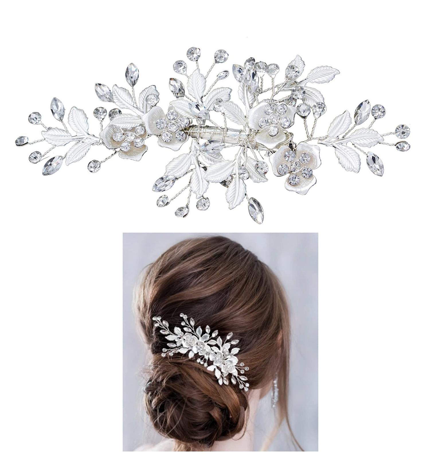 Wedding Hair Clip Rhinestone Bridal Hair Accessories Flower Hair Clip for Bride Bridesmaid Silver Handmade Flower Hair Pins Head Pieces for Women and Girls Hair Piece (Sliver) - Buy Online on GoSupps.com