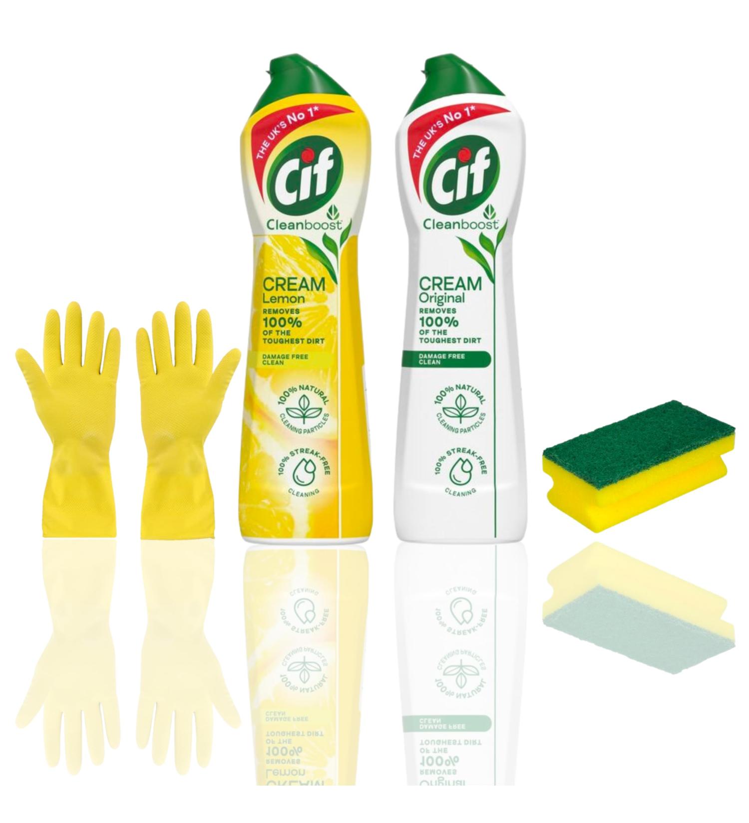 Cif Cream Cleaner 2 Pack - Cif Cream Cleaners Original and Lemon with Sponge and Gloves - Perfect Household Cleaning Products Bundle - Buy Online on GoSupps.com