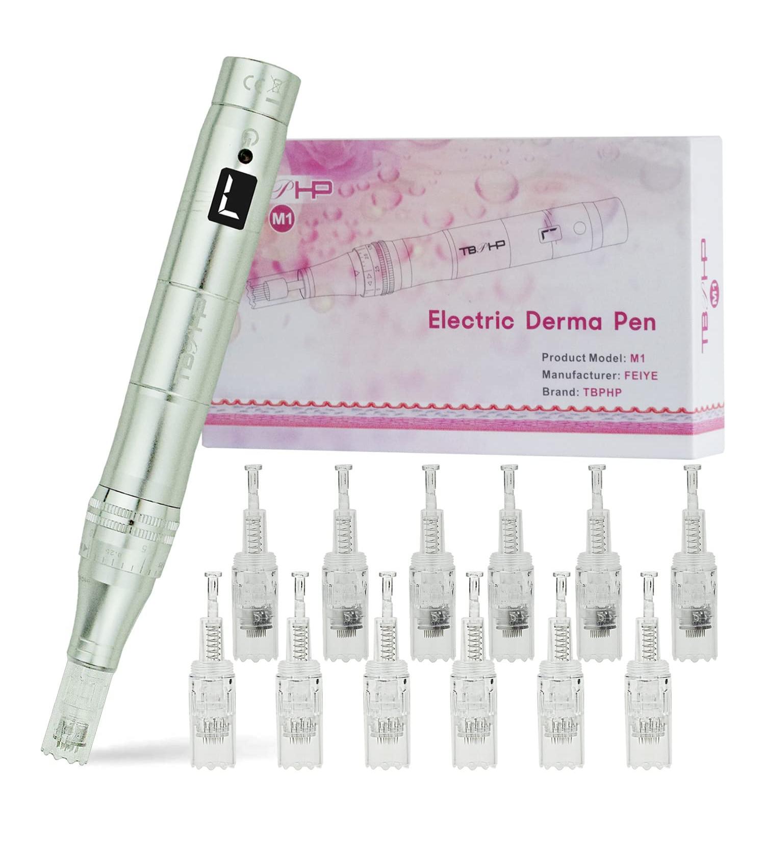 TBPHP M1 Professional Electric Derma Pen with LCD Screen - 7 Levels & 12 Cartridges - Silver | Best International Shipping - Buy Online on GoSupps.com