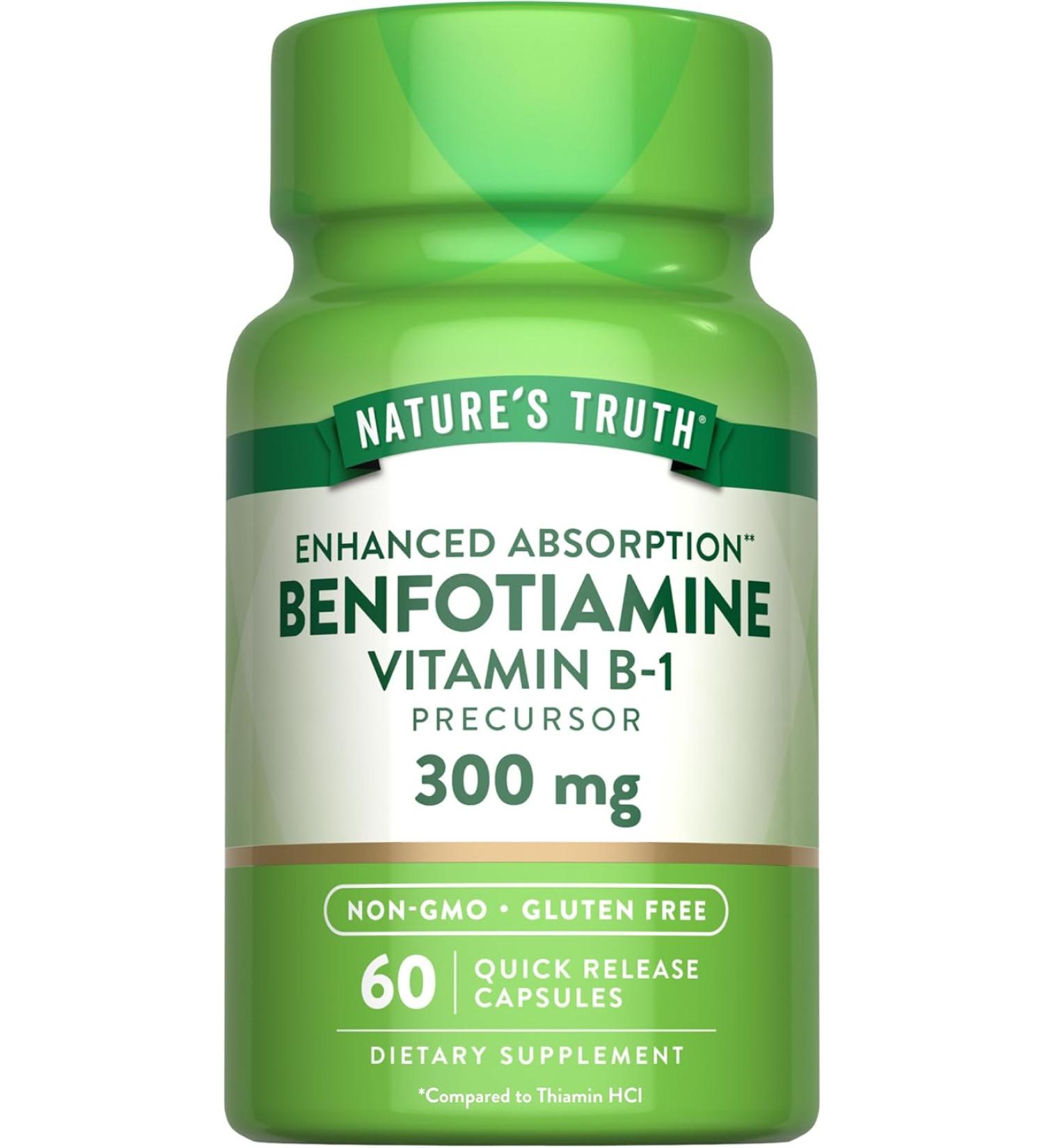 Nature's Truth Benfotiamine 300mg - 60 Count Non-GMO Gluten Free Supplement - Vitamin B1 Precursor - Buy Online on GoSupps.com