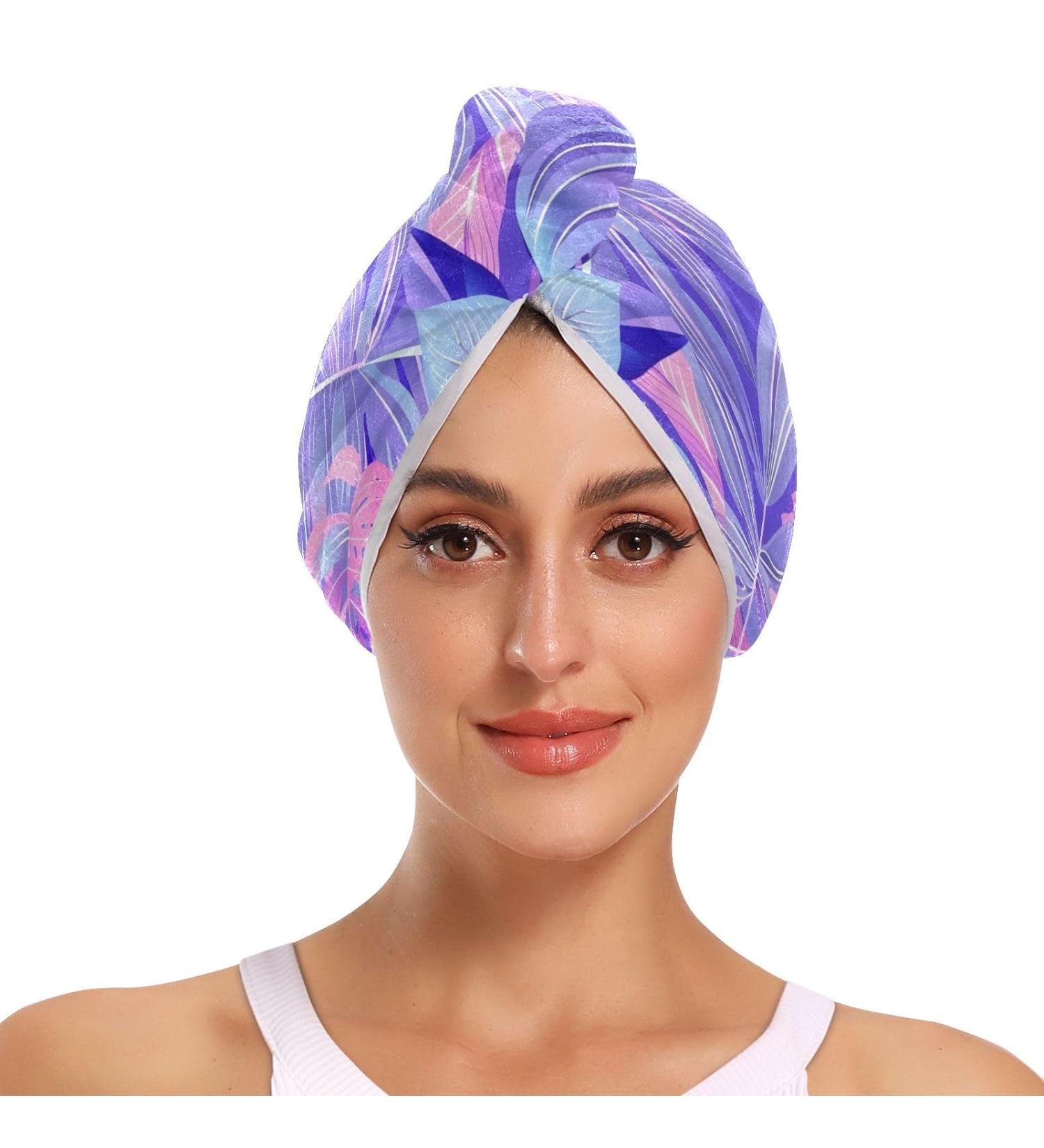 Buy Tropical Plants Flowers Hair Towels - Super Absorbent 2 Pack for Quick Drying | Hair Turbans with Button Wrap for Women & Girls - International Shipping Available - Buy Online on GoSupps.com