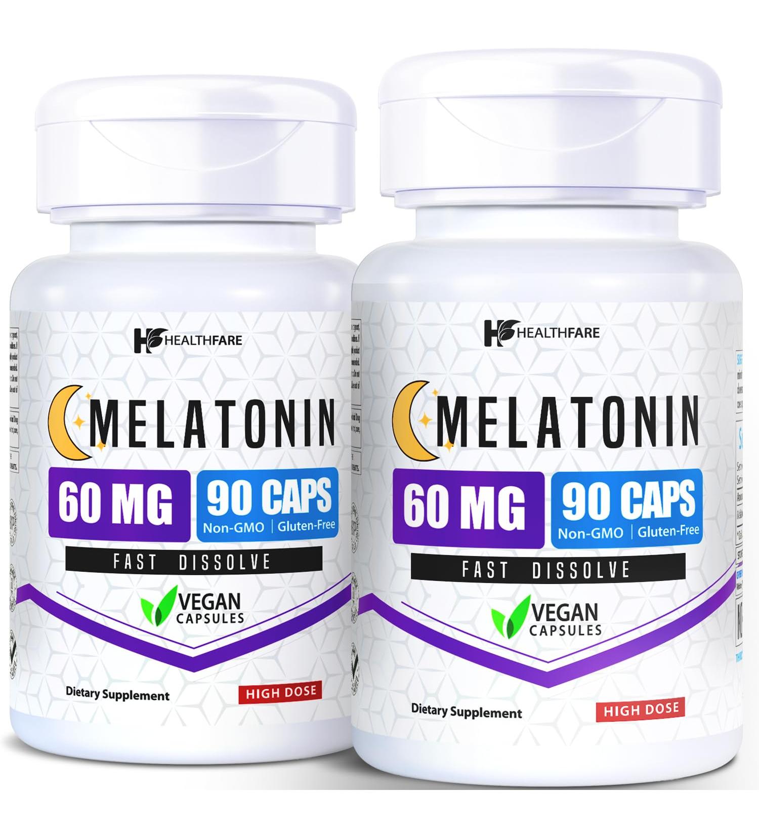 HealthFare Melatonin 60mg | Pack of 2 | 90 Veg Capsules Each | High-Strength Formula | Vegetarian Non-GMO Gluten-Free | Made in The USA - Buy Online on GoSupps.com