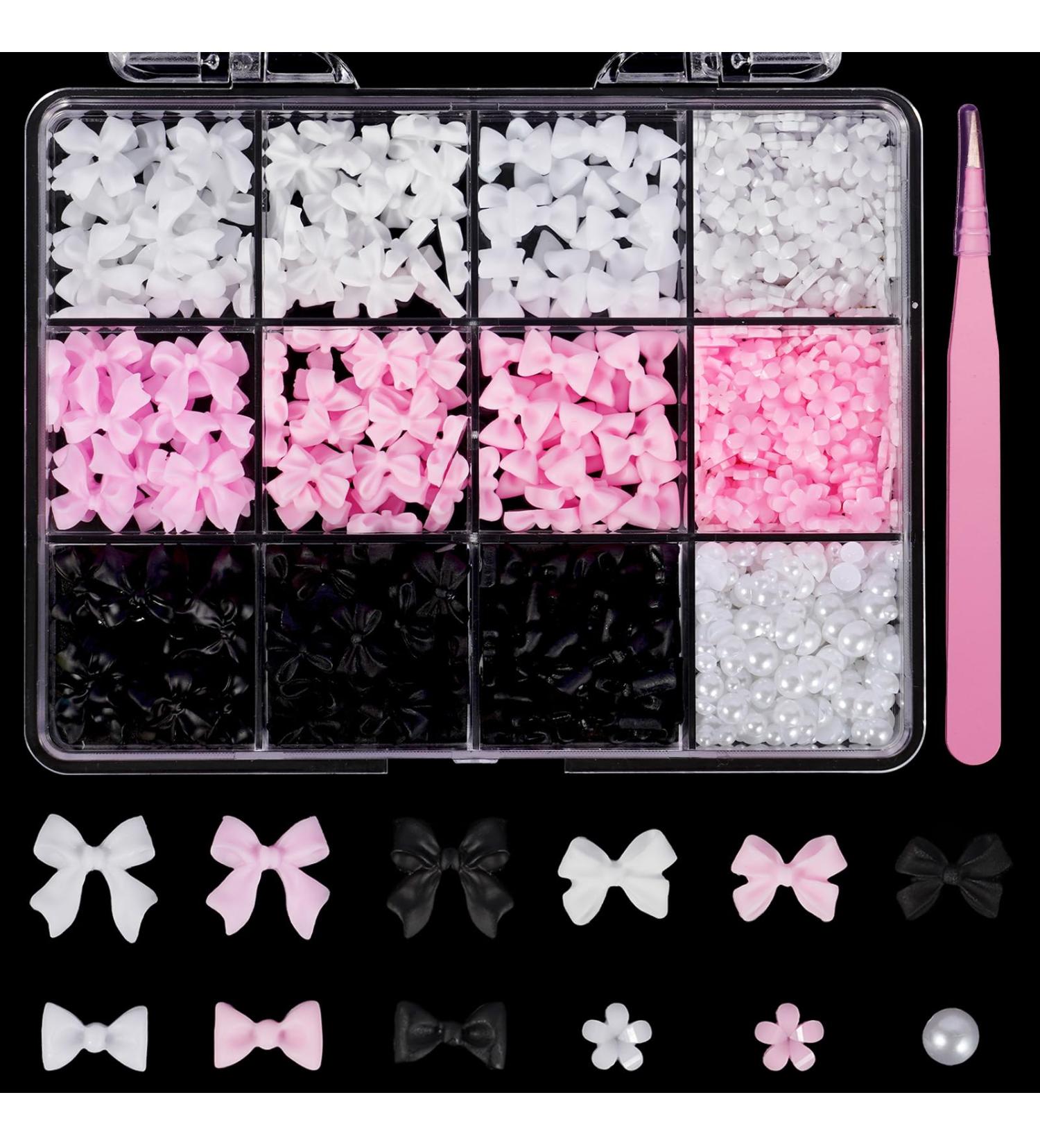 Shop Pink White Black Bow Nail Charms - 3D Acrylic Nail Art Heart & Star Flatback Pearls for DIY Crafts - Buy Online on GoSupps.com