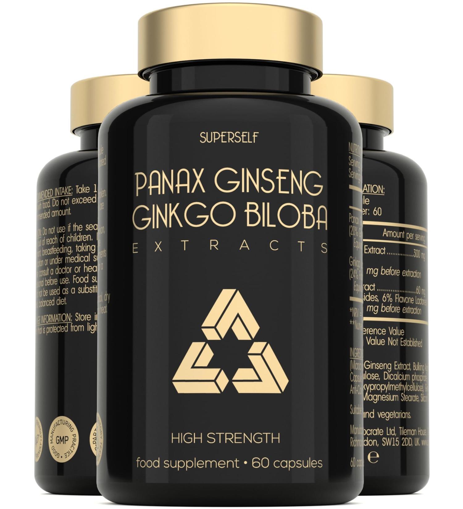 Panax Ginseng Capsules High Strength - 6000mg Korean Red Ginseng & Ginkgo Biloba for Natural Energy & Focus - Vegan & UK Made - 60 Tablets One-a-Day - Premium Ginseng Root Supplements for Men & Women - Buy Online on GoSupps.com