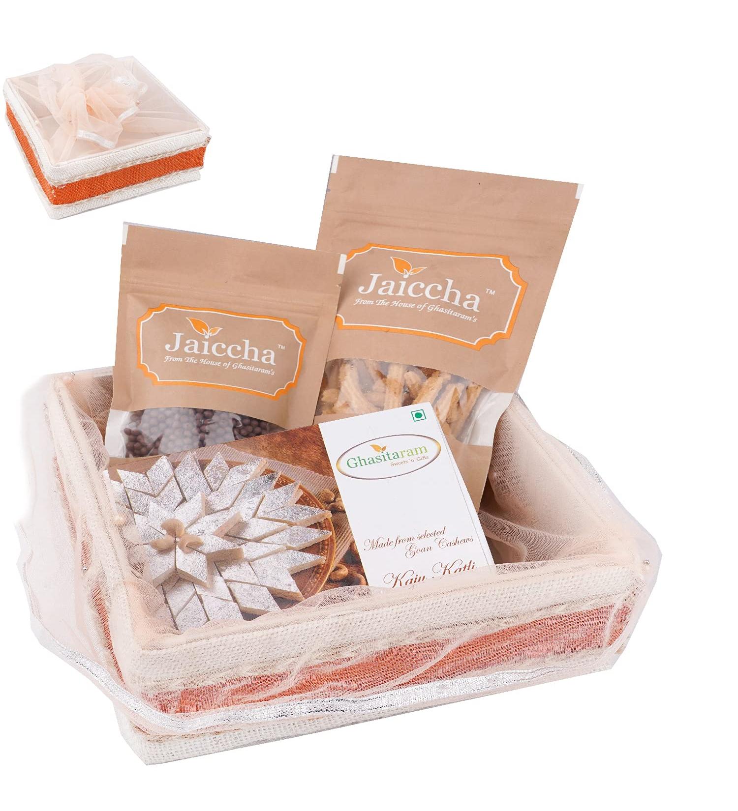 Jaiccha Ghasitaram Basket Hamper-Shaded Jute Potli with Butter Chakli Rice Crispies and Kaju Katli |Gift for Diwali Holi Rakhi Valentine Christmas Birthday Anniversary Her Him| Potli with Chakli Rice Crispies and Kaju Katli - Buy Online on GoSupps.com