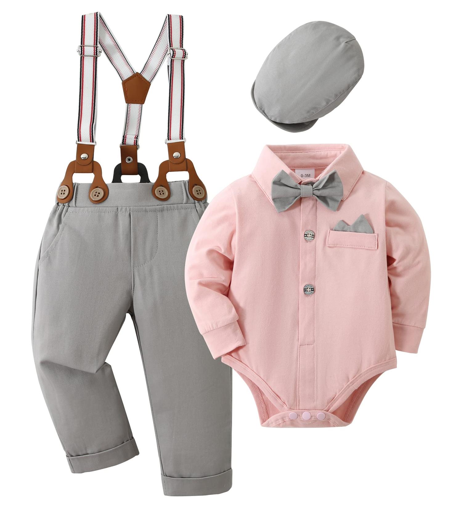 Baby Boy Gentleman Suit Set | Formal Tuxedo Romper + Pants + Beret Hat | 12-18 Months | Pink - Buy Online on GoSupps.com