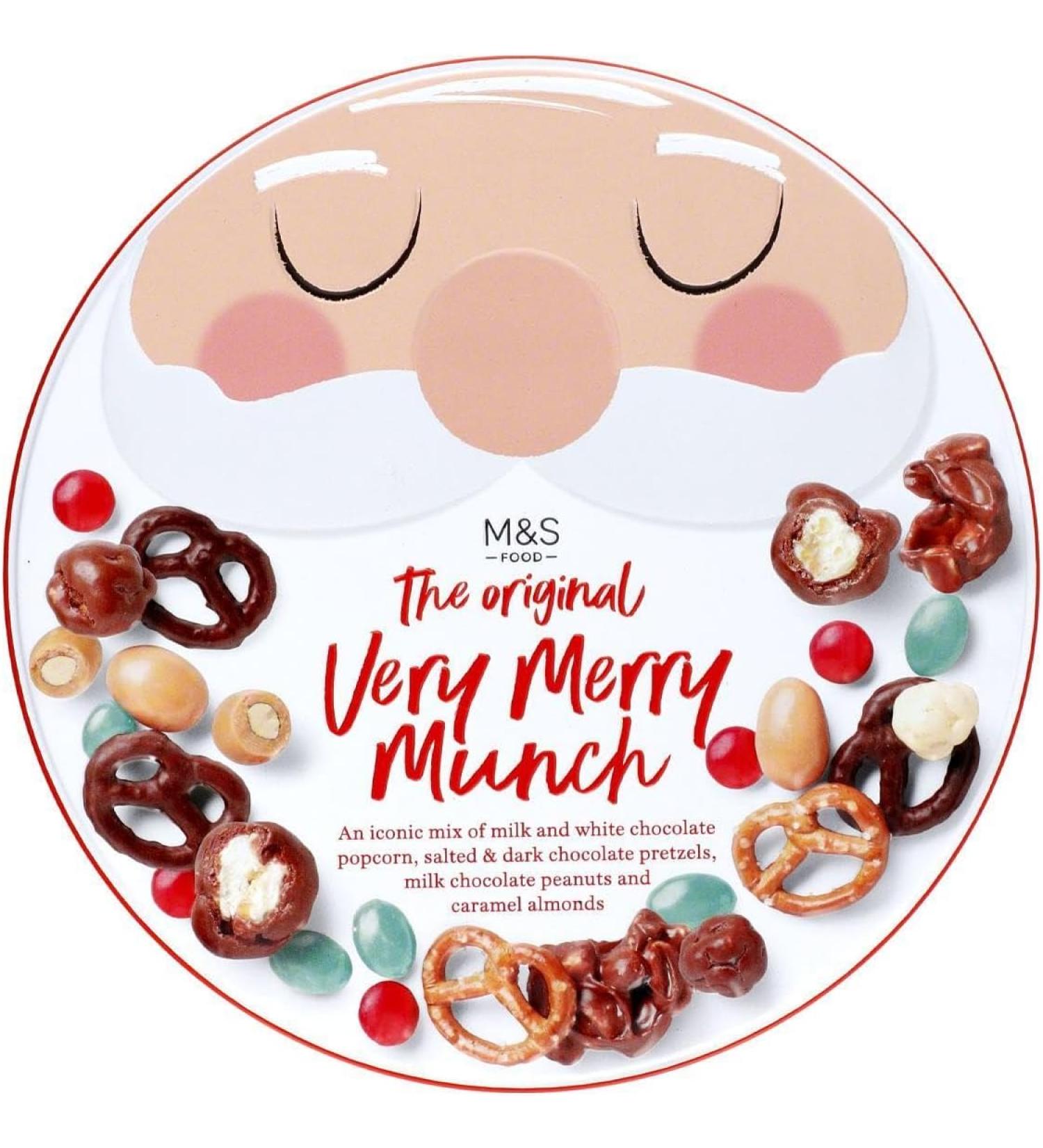 M&S Marks & Spencer Very Merry Munch Christmas Tin , Milk Chocolate Covered Popcorn, Pretzels, Peanuts, Almonds - 460g - Buy Online on GoSupps.com