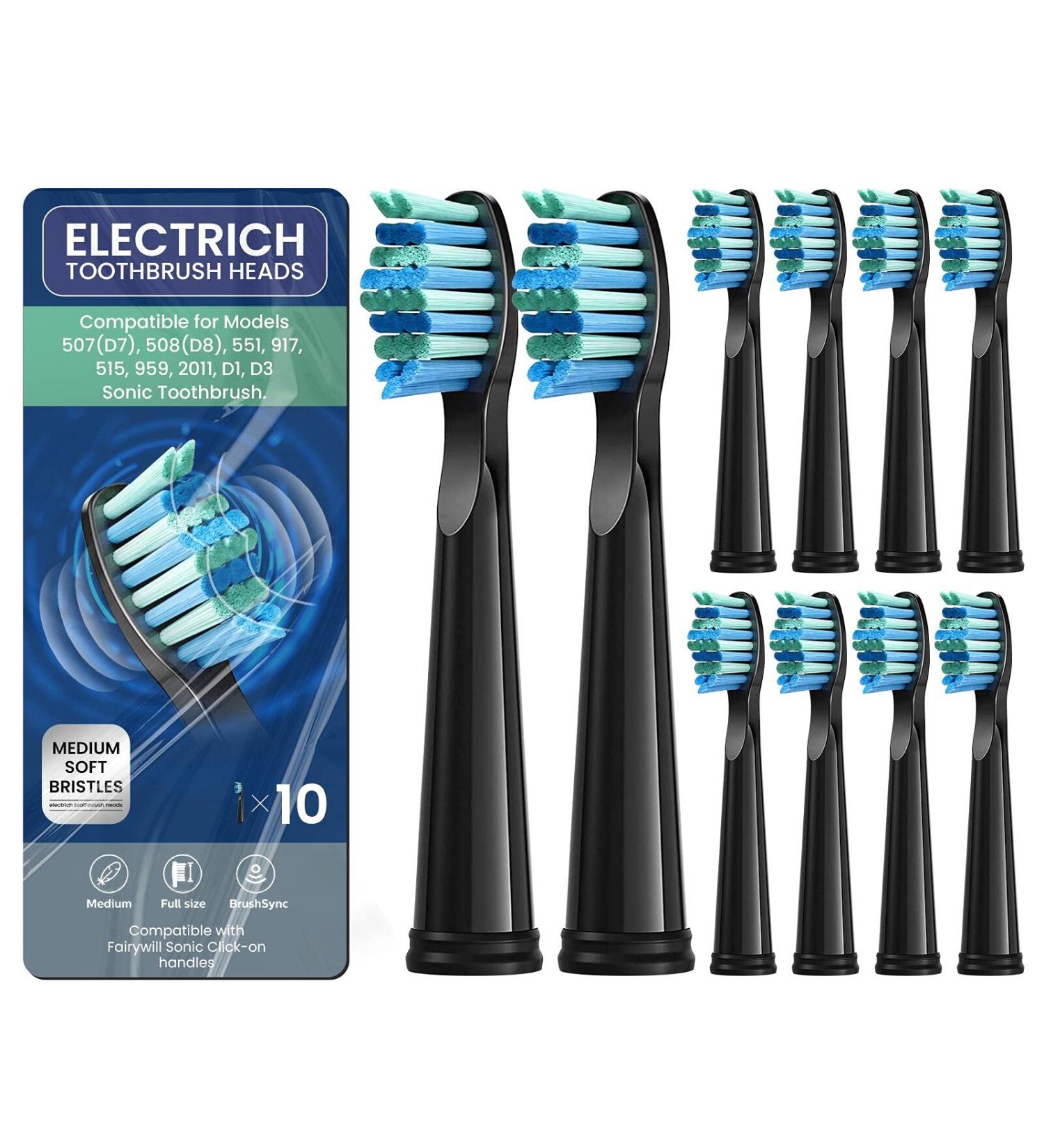 10 Pack Electric Toothbrush Replacement Heads for Fairywill FW-507508515551917959D1D3D7D8 - Black - Buy Online on GoSupps.com