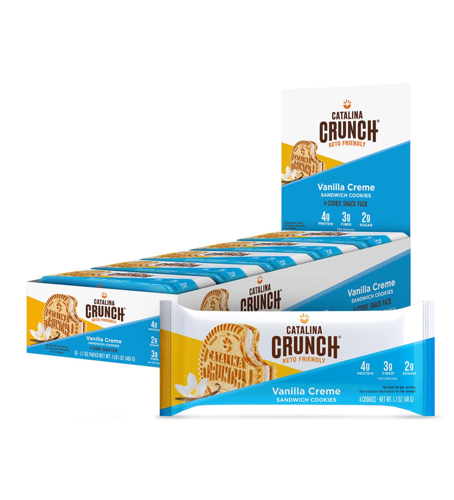Catalina Crunch Vanilla Creme Keto Sandwich Cookies - 10 Snack Packs, 4 Cookies Per Pack | Low Carb, Low Sugar, Vegan & Keto Friendly - Buy Online on GoSupps.com