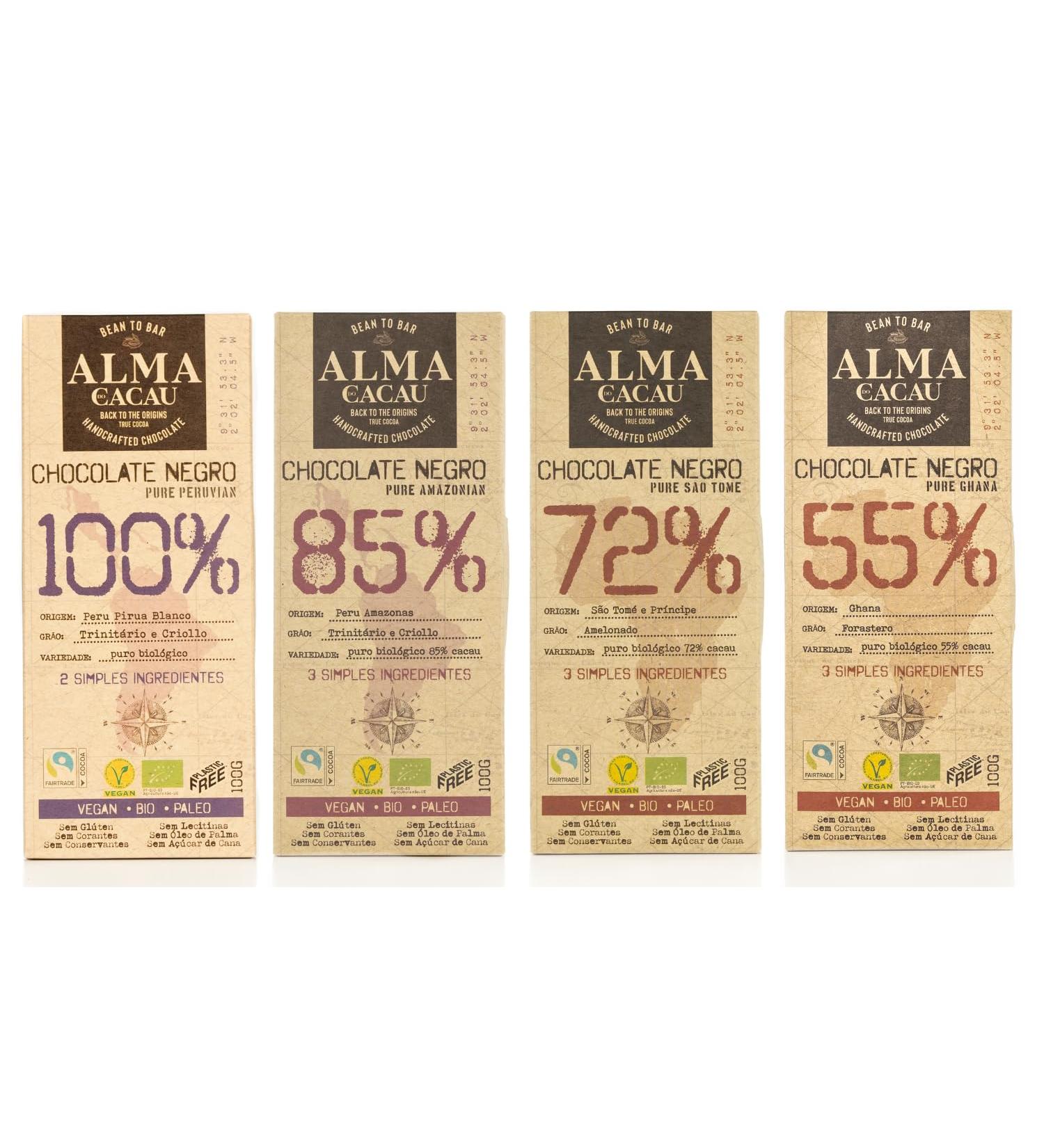 Alma do Cacau - Gourmet Chocolate Tasting Pack of Portuguese Origin - 55%, 72%, 85%, and 100% Cacao
