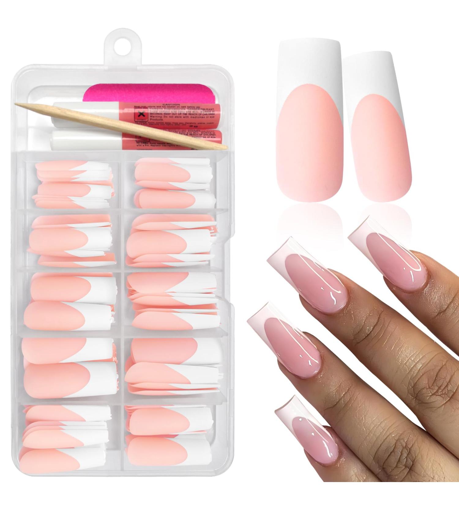120 Pcs Long French Tip Press On Nails - Square White Tip Full Cover Matte Fake Nails for Women & Girls - Acrylic Glue On Artificial Fingernails - Buy Online on GoSupps.com