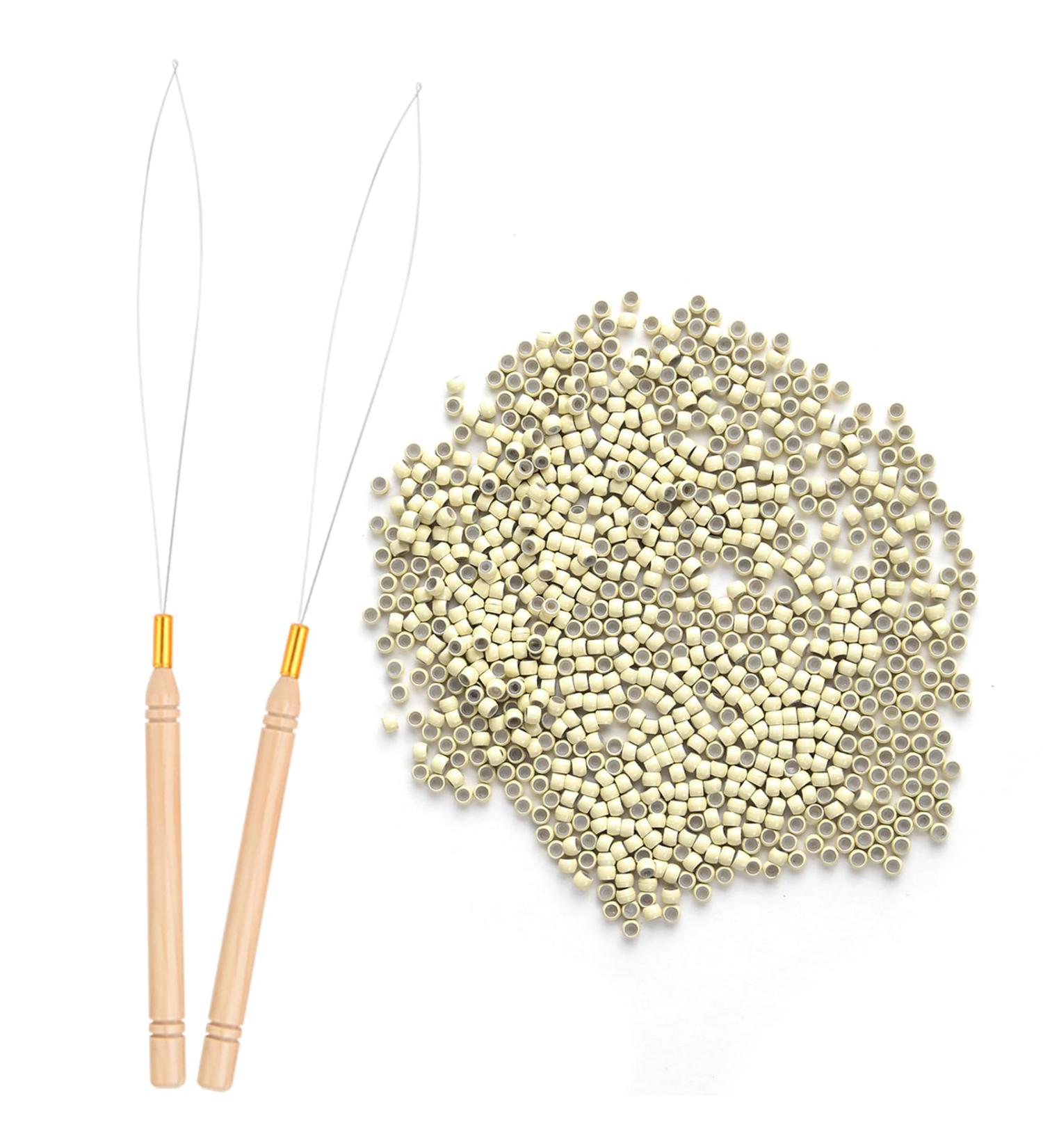 Vlasy Nano Beads Silicone Lined 3.0mm 200PCS + Hair Extension Loop Needle Threaders Set - Blonde Hair Extensions/Tinsel - Buy Online on GoSupps.com