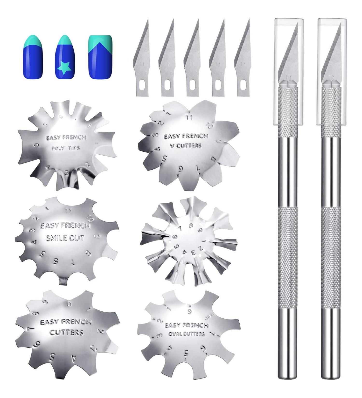 French Nail Trimmer Set - Stainless Steel Cutter with 5 Spare Blades for Acrylic Nails - DIY Manicure Tool with 2 Handles - Silver - Buy Online on GoSupps.com