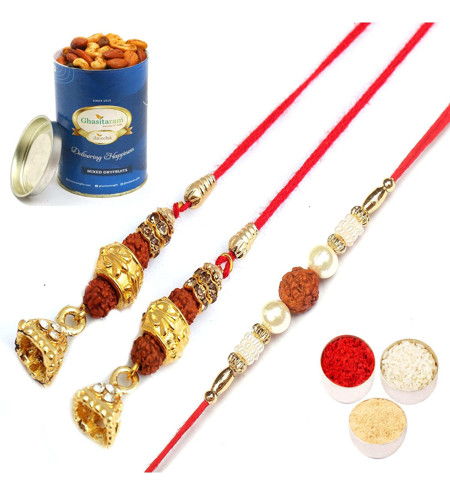 Ghasitaram Gifts Rakhis Online - Rakhi for Brother- The Gratitude pl5602 Bhaiya Bhabhi Rakhi with 100 GMS of Dryfruits Mix Can Rakhi Set with 100 gms of Dryfruits Mix Can - Buy Online on GoSupps.com