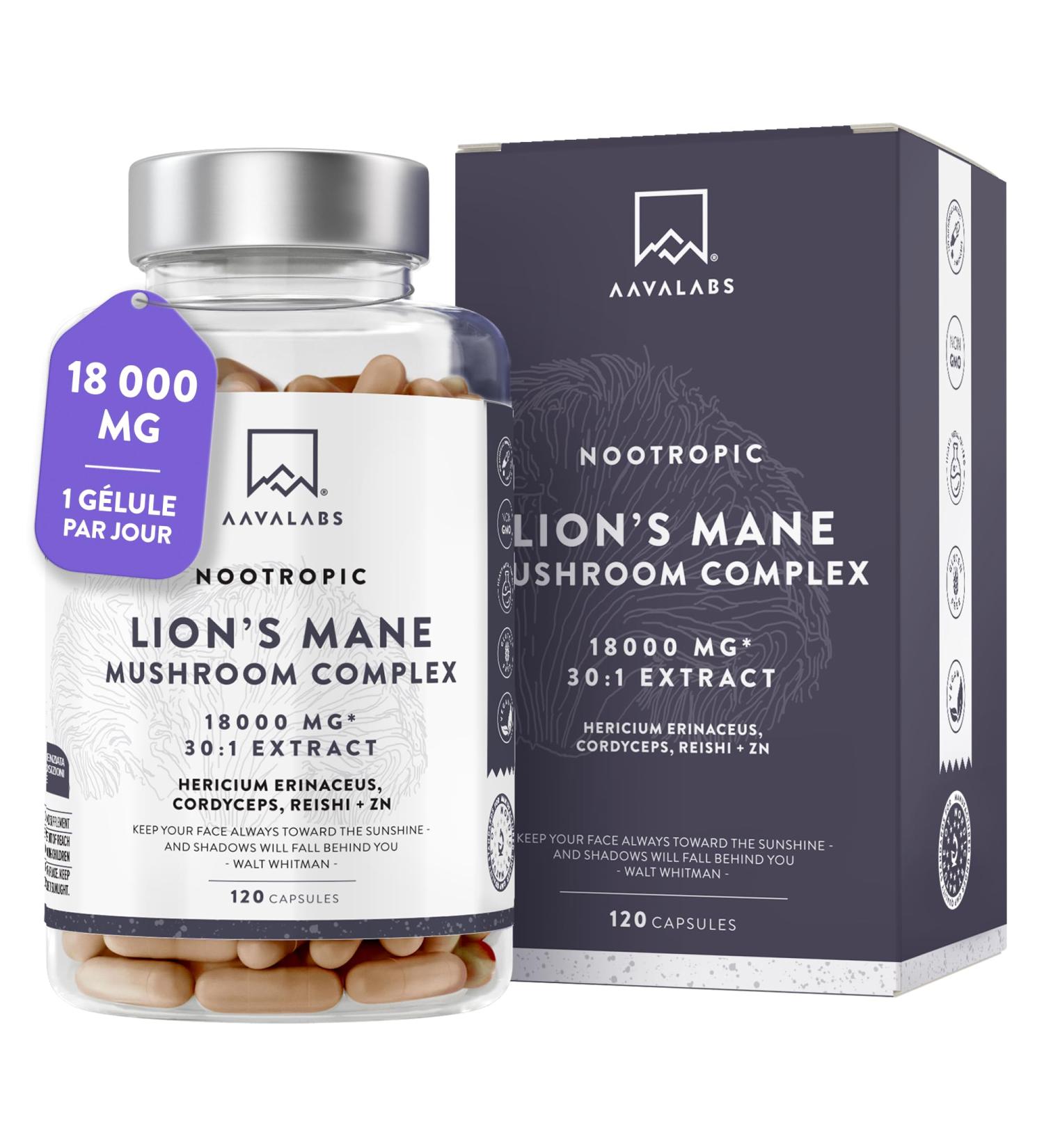 Lions Mane 18000mg 30:1 avec Cordyceps Sinensis Reishi Ganoderma et Zinc | Criniere de Lion Champignon Hericium Erinaceus Nootropique Puissant Memoire et Concentration Mushroom Complex - 120 Gelules - Buy Online on GoSupps.com