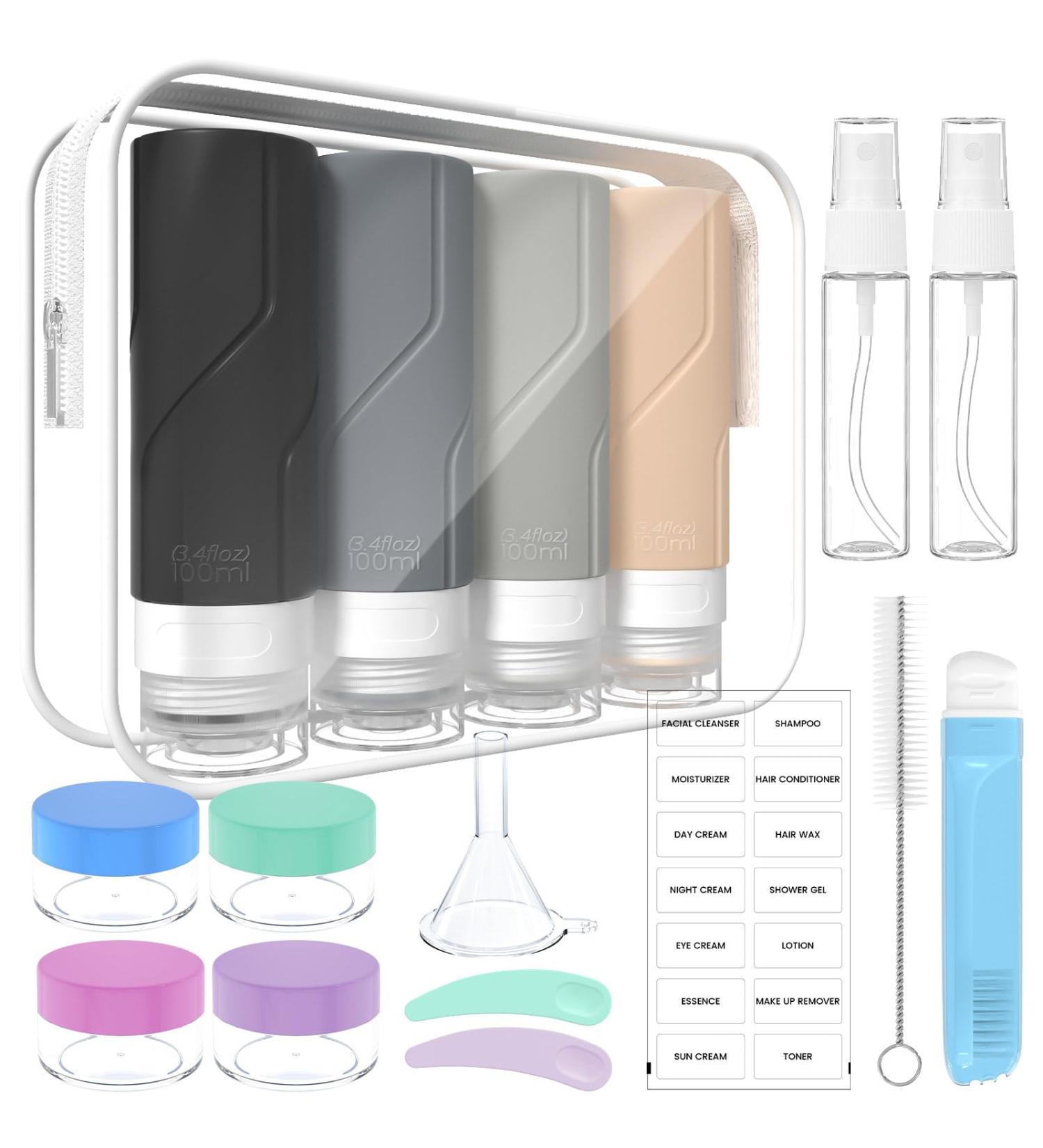 100ml x 4 Silicone Travel Bottles Set - Portable Shampoo & Lotion Containers for Travel - 17 Piece Toiletry Set - Buy Online on GoSupps.com
