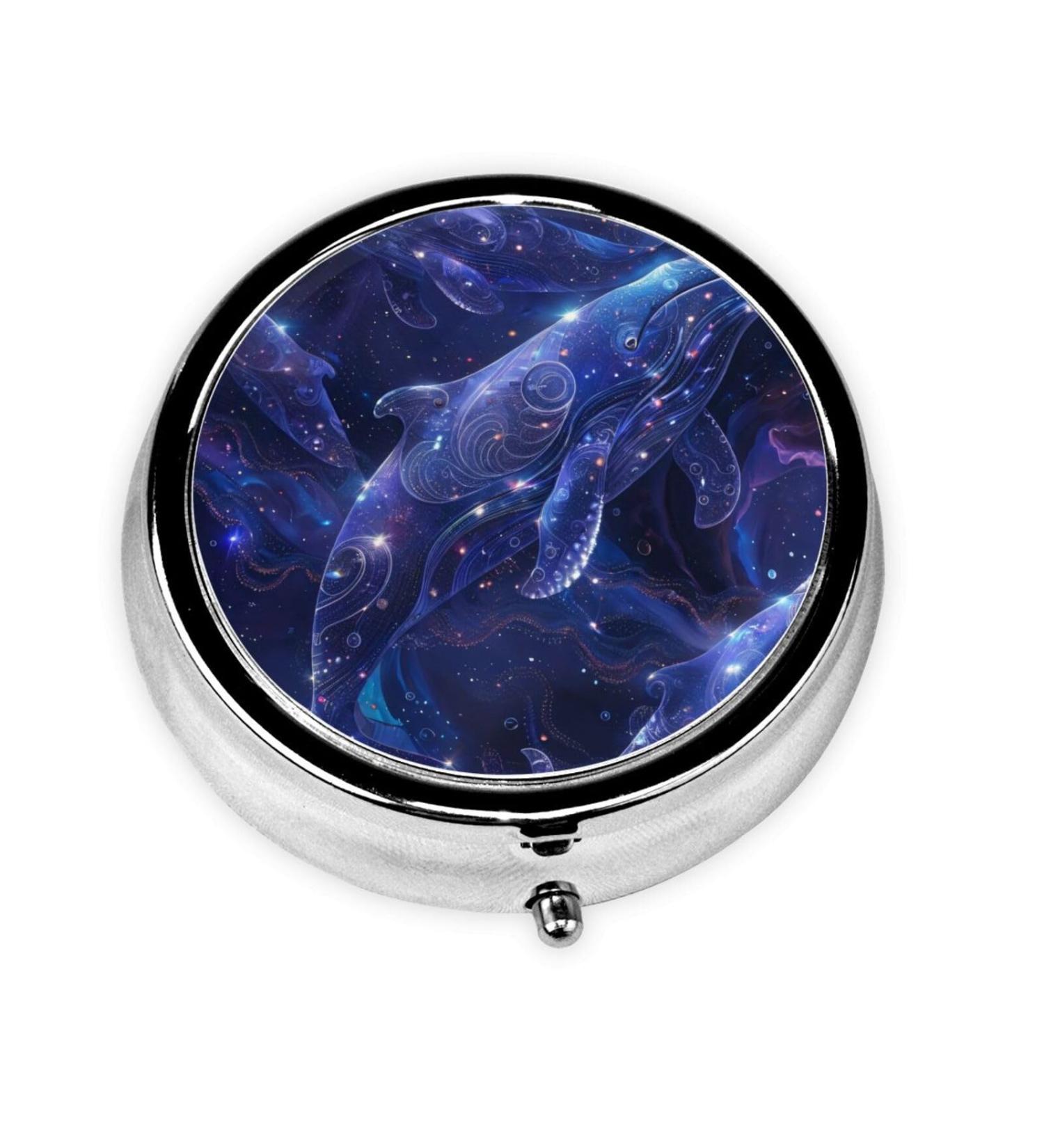 Blue Dream Whale Portable Metal Pill Box - Round Mini 3-Compartment Travel Organizer for Small Pills - Buy Online on GoSupps.com