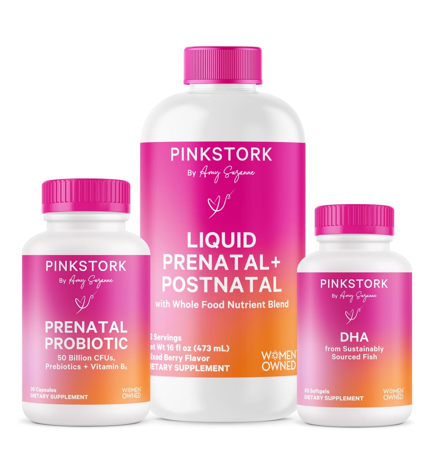 Pink Stork Liquid Prenatal Vitamin Bundle: Liquid Prenatal Vitamin with DHA and Folic Acid + Pro + DHA Prenatal Probiotics for Women Women-Owned - Buy Online on GoSupps.com
