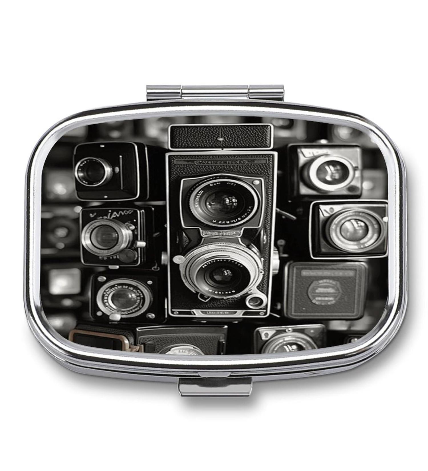 Vintage Camera Print Pill Box | 2 Compartment Portable Medicine Organizer | Decorative Metal Pill Case for Pocket & Purse - Buy Online on GoSupps.com