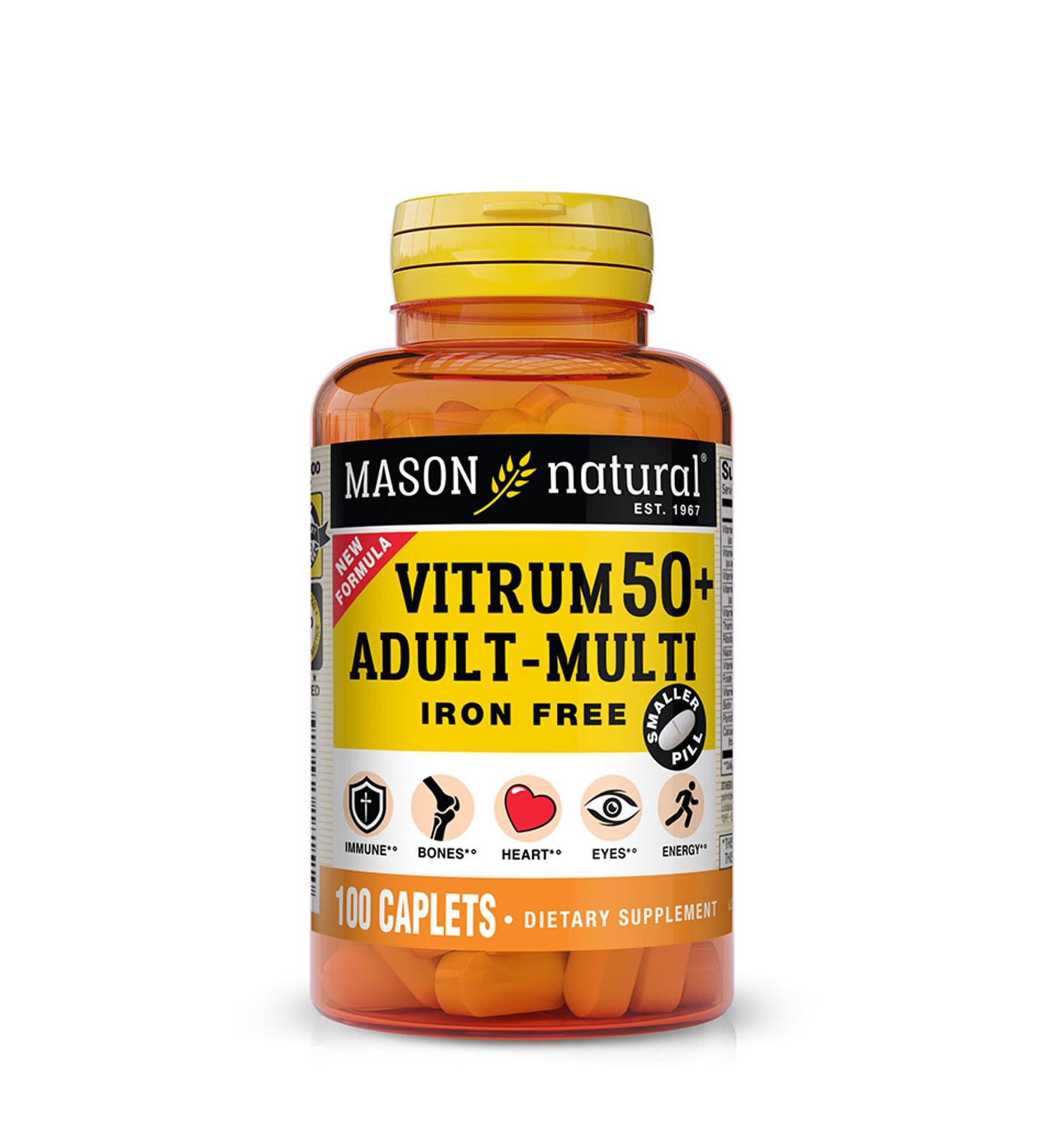 MASON NATURAL Vitrum 50 + Adult-Multi Iron Free - Vitamins A C D E K B Folate Calcium Iron Zinc Potassium Magnesium 100 Tablets - Buy Online on GoSupps.com