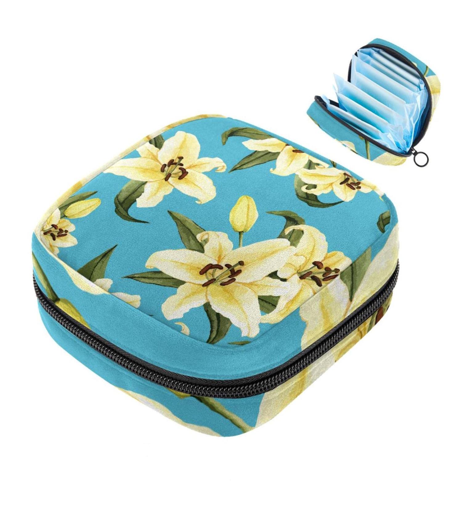 Hand-Drawn Lily Flower Zipper Bag - Portable Menstrual Pad & Cup Storage - Stylish Women's Napkin Organizer - Color 9 - Buy Online on GoSupps.com